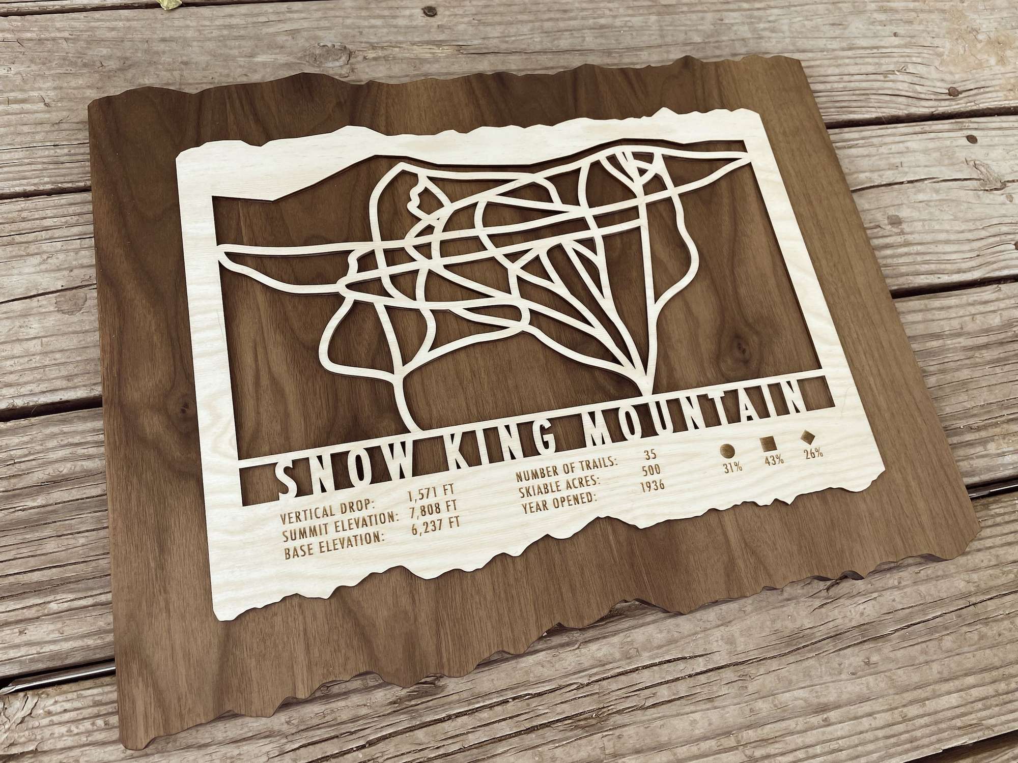 Snow King Mountain wooden ski map decor with laser-cut trail design and engraved resort details, ideal for ski-themed home or cabin decoration.