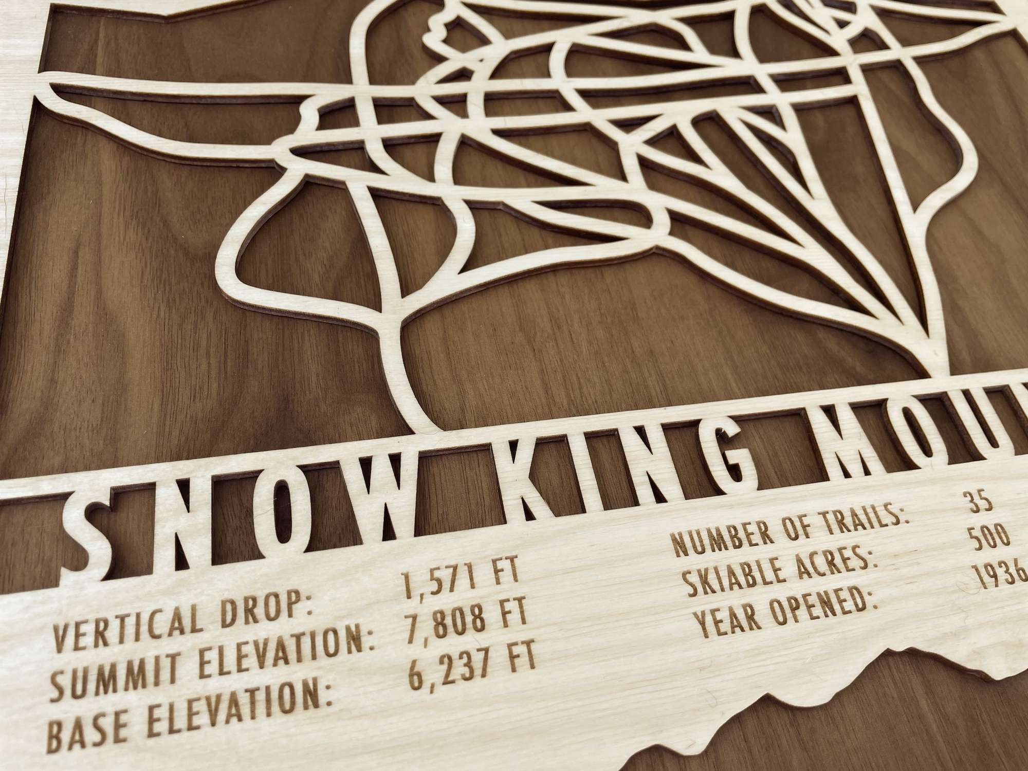 Close-up of Snow King Mountain wood wall art showing engraved trail stats including vertical drop, summit elevation, and number of trails.