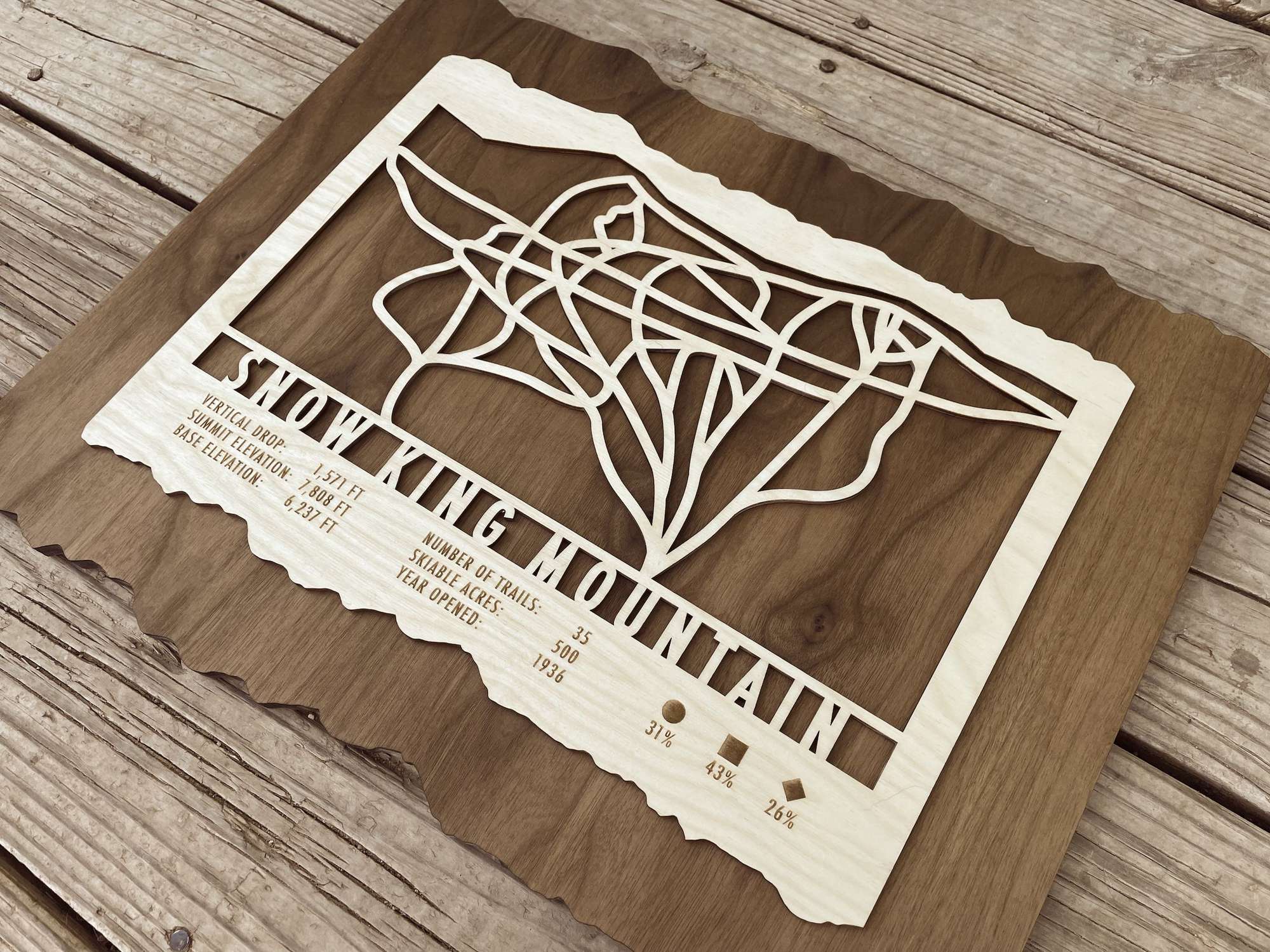 Angled view of Snow King Mountain ski trail map on wood, showcasing detailed cutout trails and engraved resort information for ski enthusiasts.