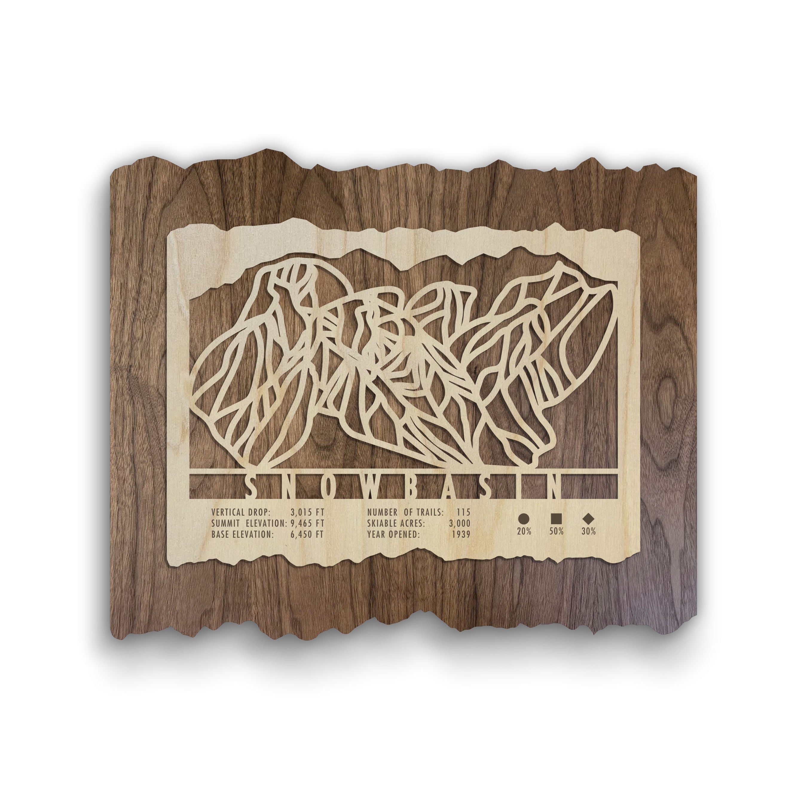 Snowbasin Ski Trail Map - Wood Wall Decor by Mountaincut featuring intricate laser-cut trails and resort stats on rustic wood background.