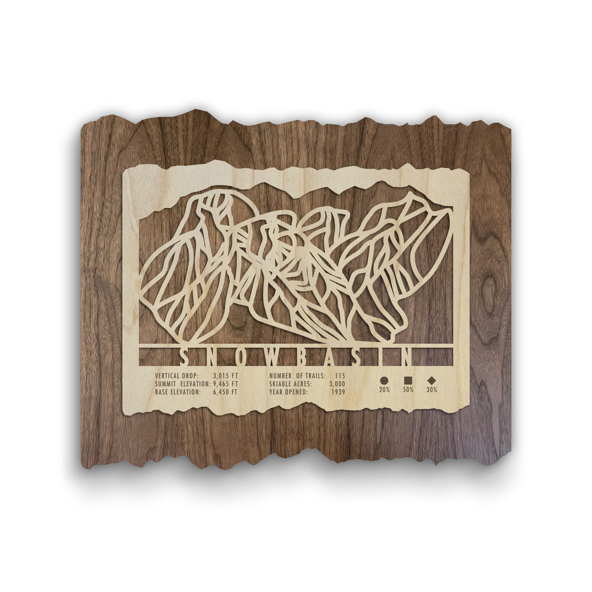 Snowbasin Ski Trail Map - Wood Wall Decor by Mountaincut featuring intricate laser-cut trails and resort stats on rustic wood background.