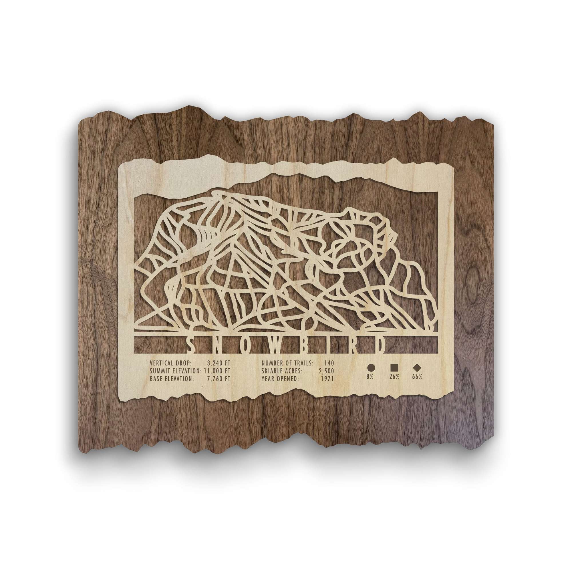 Snowbird Ski Trail Map - Wood Wall Decor by Mountaincut featuring intricate laser-cut ski runs on natural wood, perfect for rustic home or lodge decor.