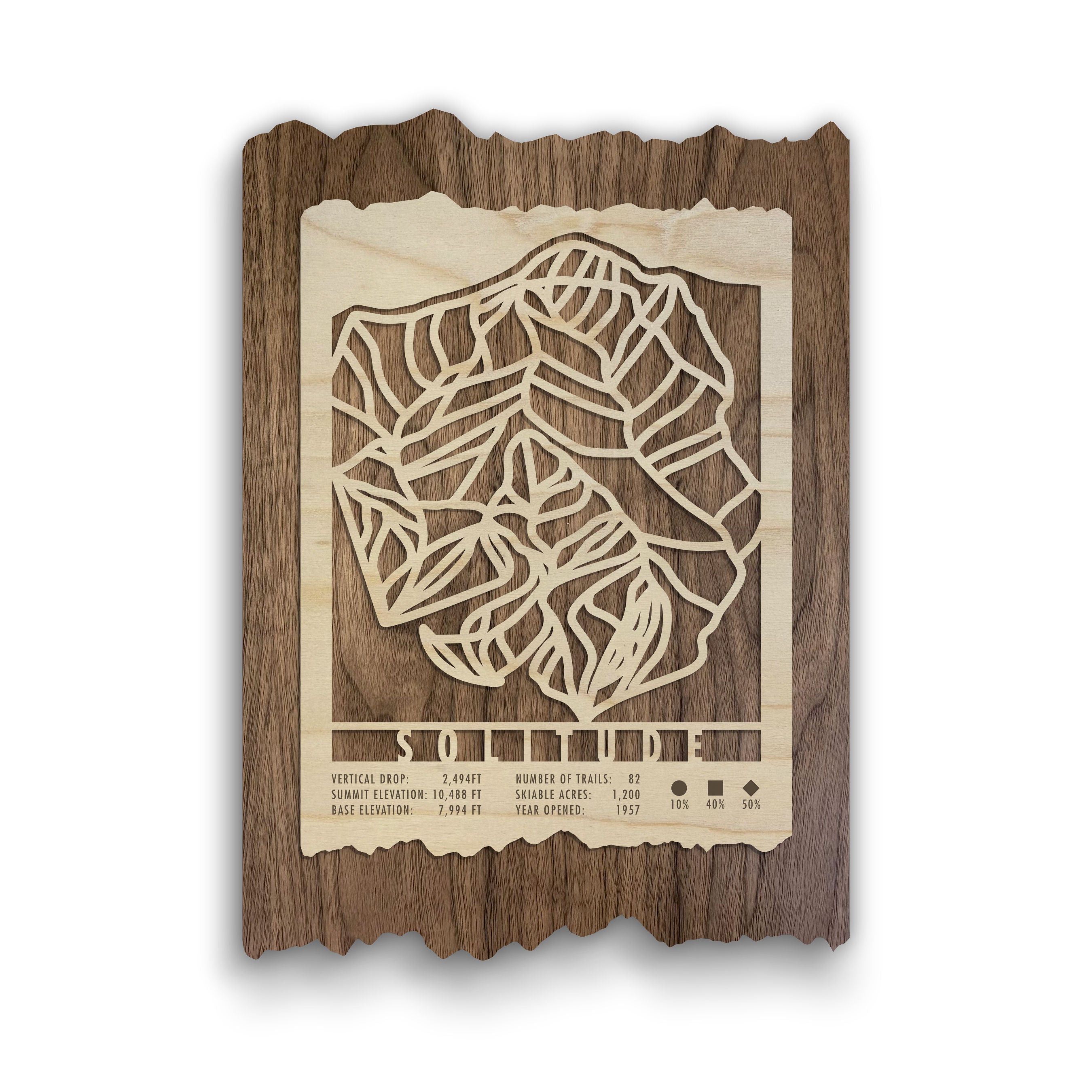 Solitude Ski Trail Map - Wood Wall Decor by Mountaincut featuring laser-cut ski runs on natural wood, ideal for Utah ski lovers and home decor.