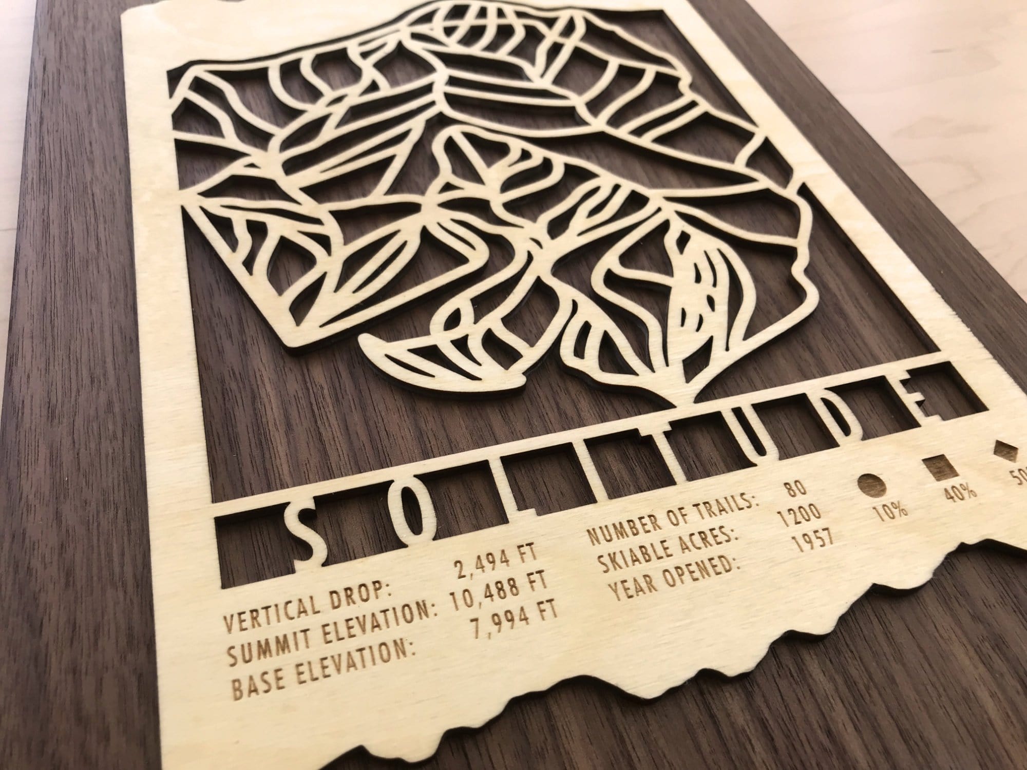 Close-up of Solitude Ski Trail Map - Wood Wall Decor highlighting detailed ski trail cutouts and engraved elevation and trail data for Utah's Solitude resort.