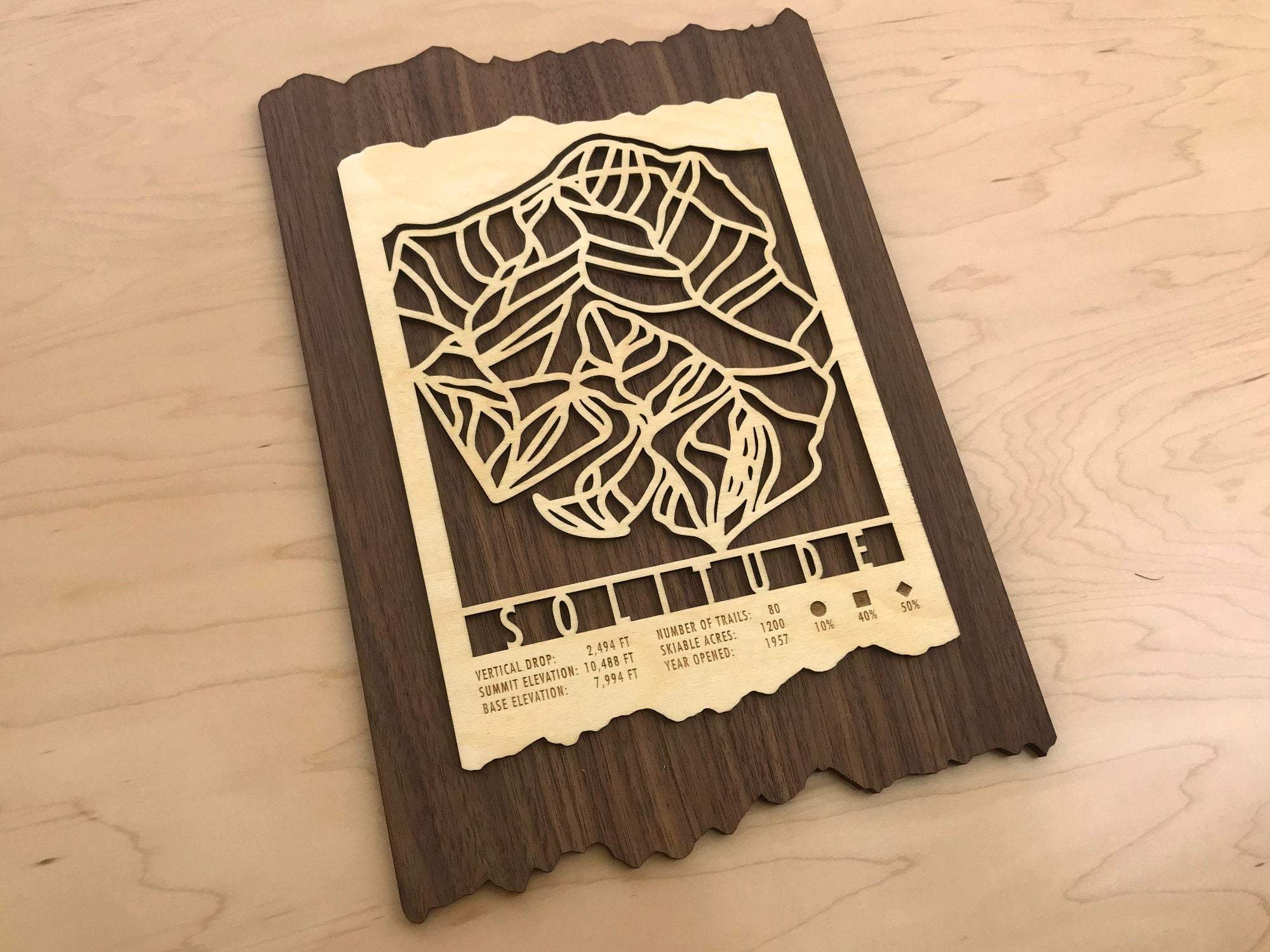 Solitude Ski Trail Map - Wood Wall Decor displayed on a wood surface, showcasing its layered wood craftsmanship and mountain-themed design.