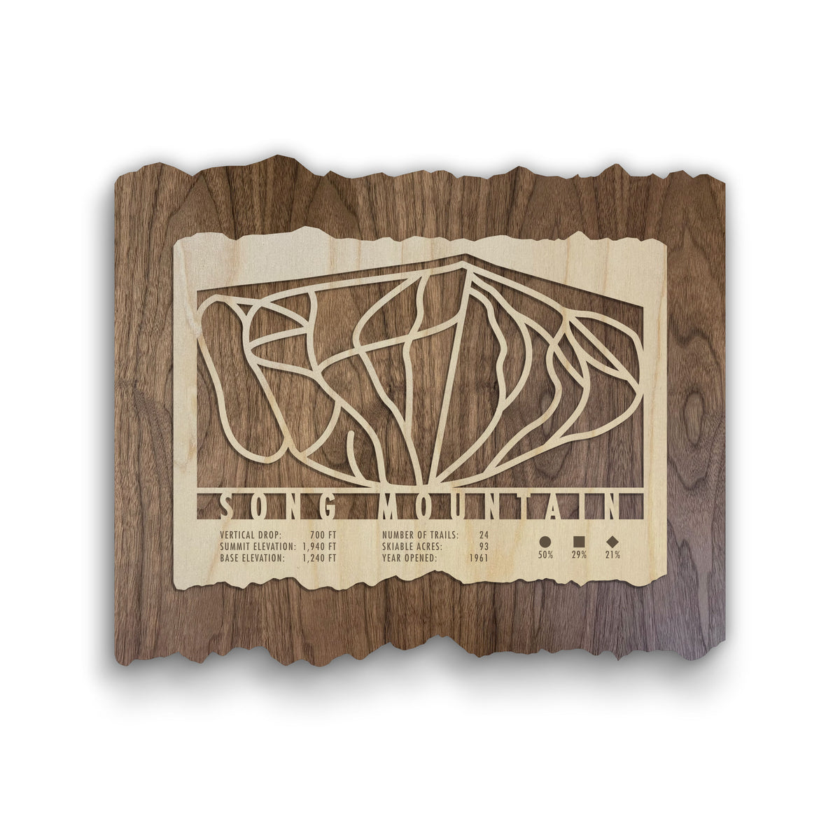 Song Mountain Ski Trail Map - Wood Wall Decor by Mountaincut featuring laser-cut ski trails and resort stats on rustic wood for home or lodge display.