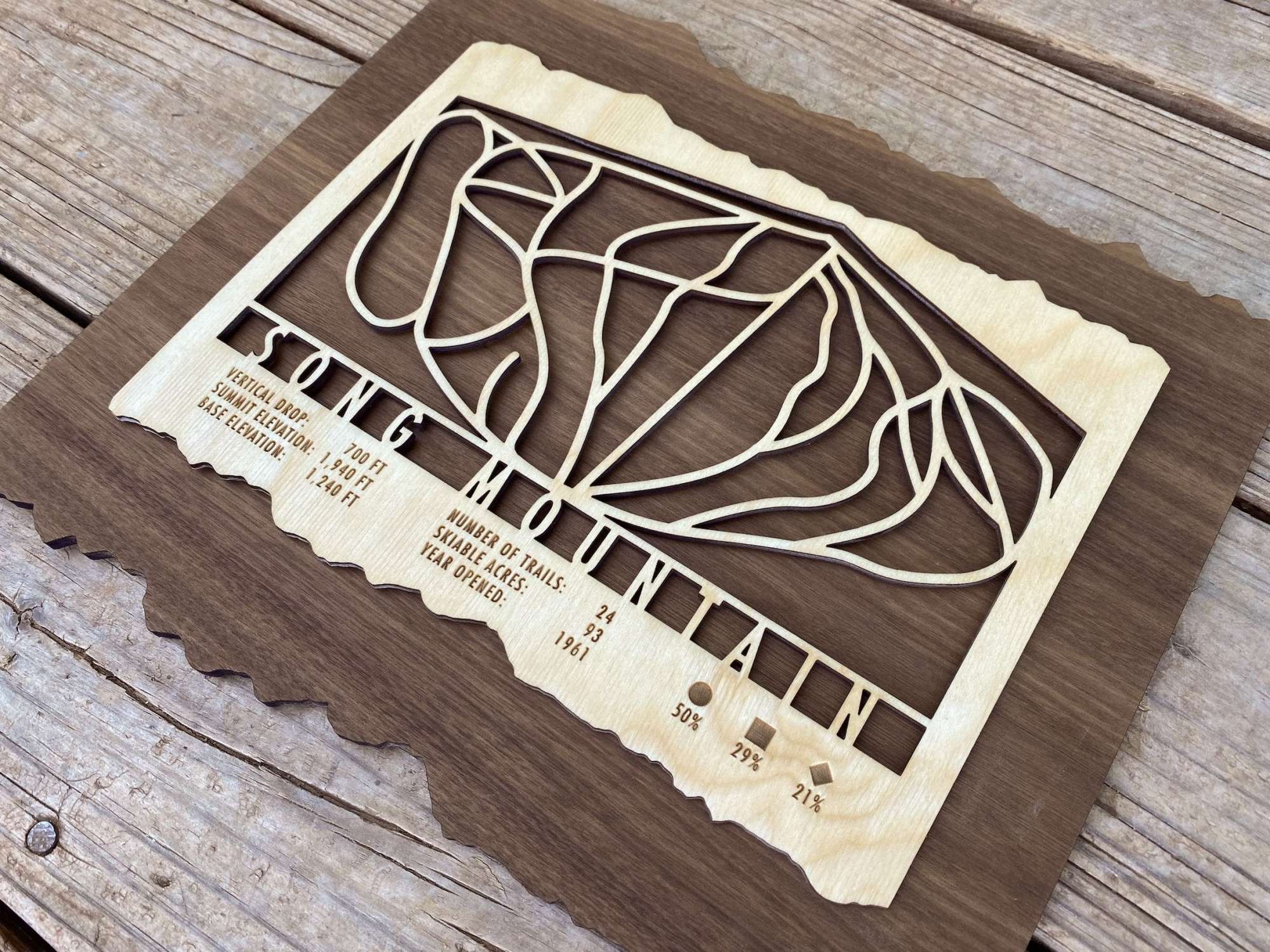 Side view of Song Mountain Ski Trail Map - Wood Wall Decor with natural wood grain and intricate ski trail design for rustic home decor.