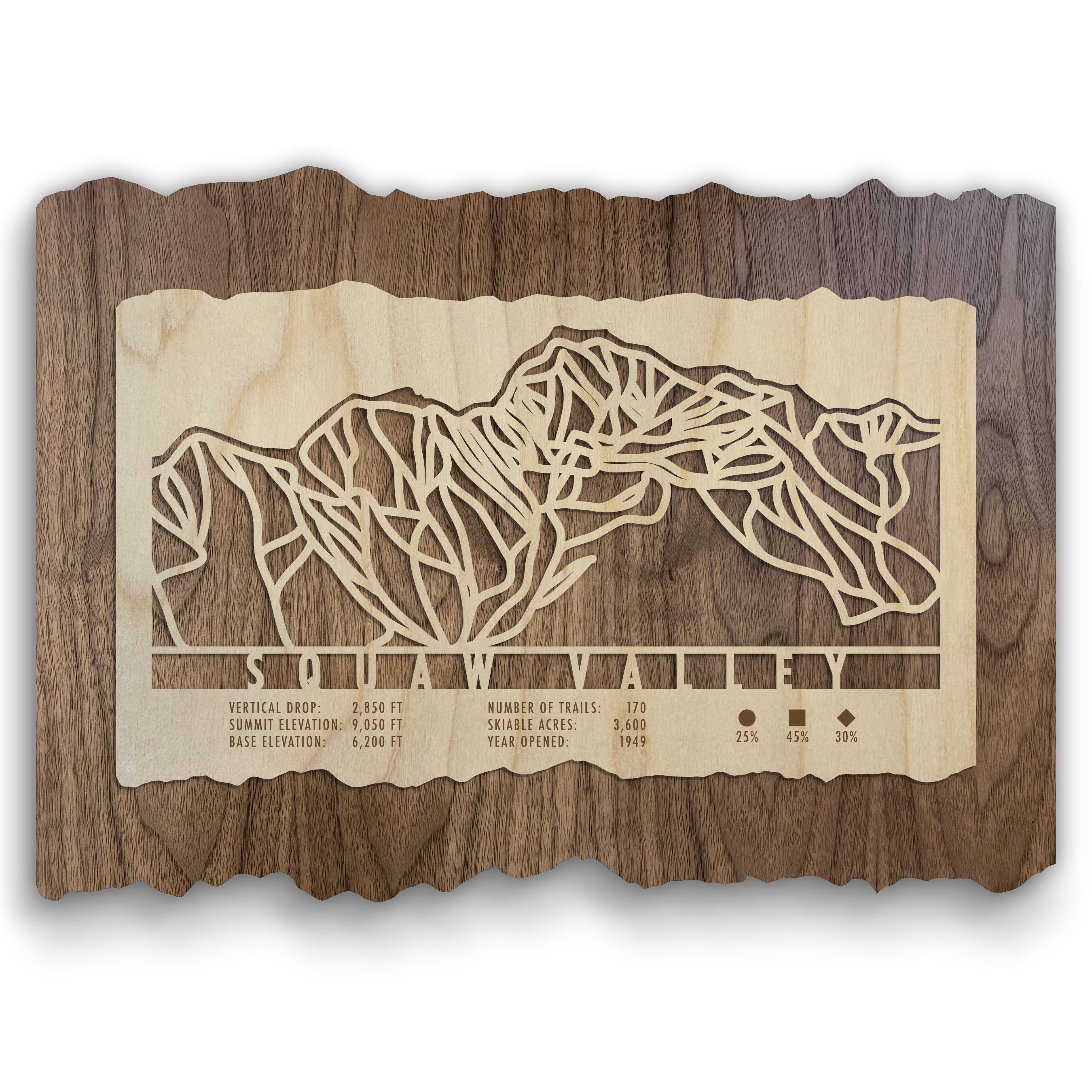 Squaw Valley Ski Trail Map - Wood Wall Decor by Mountaincut featuring laser-cut ski runs on natural wood, ideal for ski lodge or home decor.