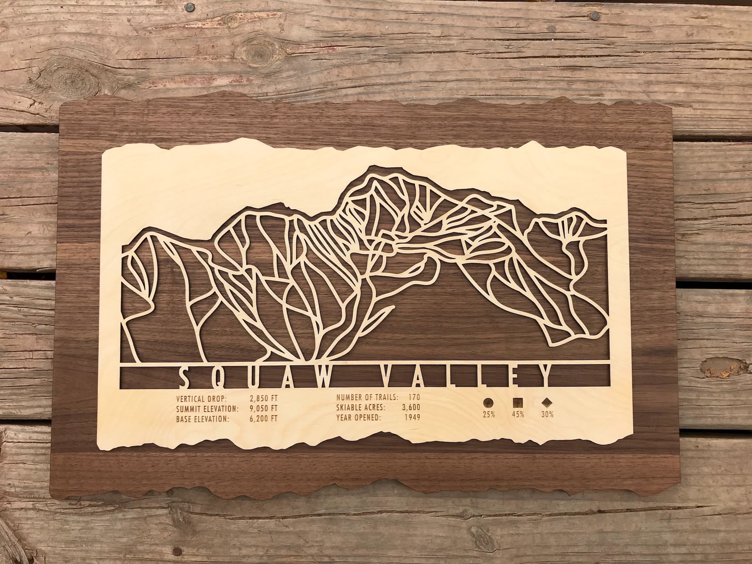 Handcrafted Squaw Valley ski trail map in wood with engraved trail data, ideal wall decor for California ski resorts or rustic interiors.