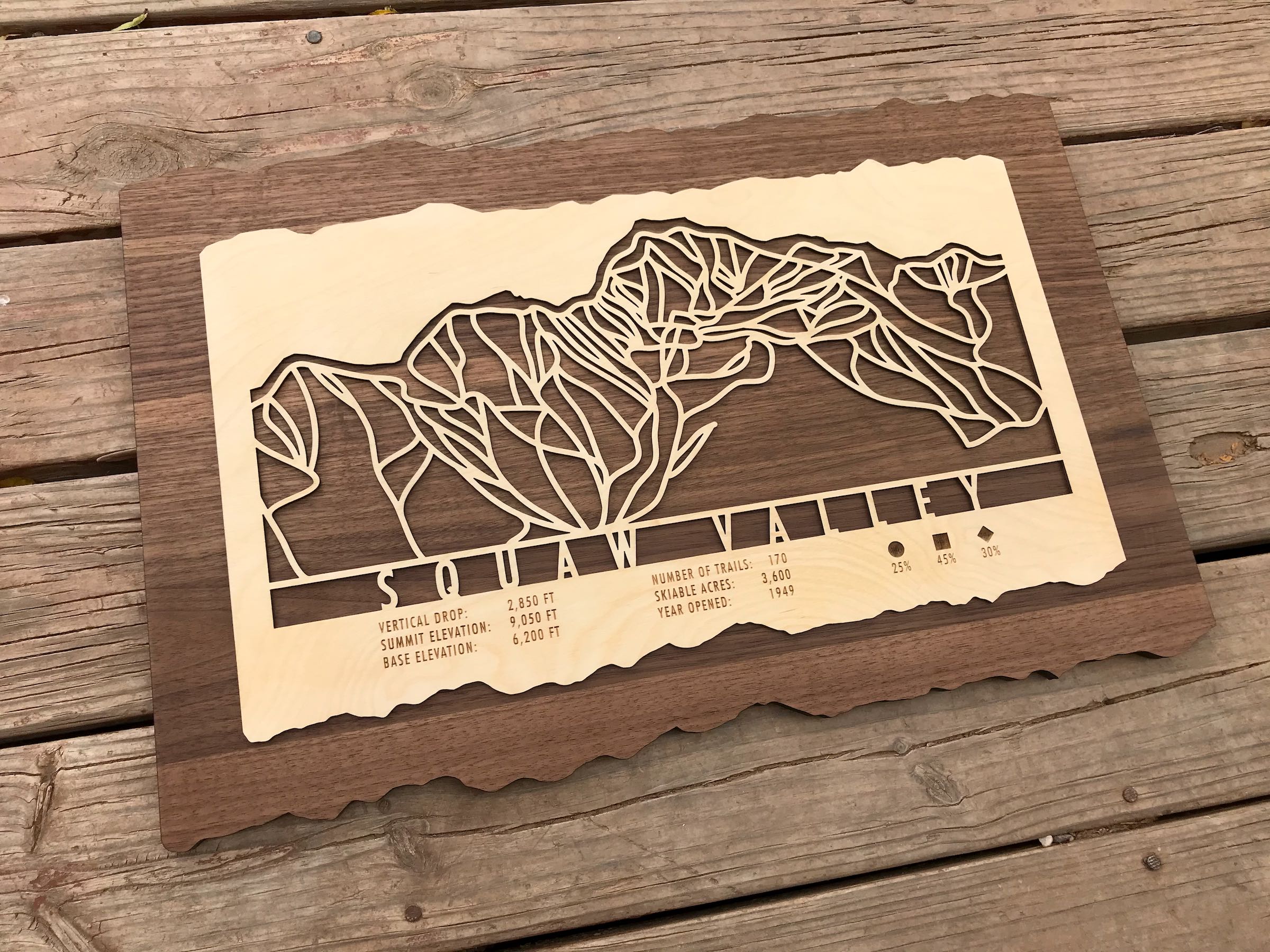Rustic Squaw Valley ski trail map wood wall art on wooden deck, handcrafted decor for skiers and snowboarders, perfect for cabin or lodge.