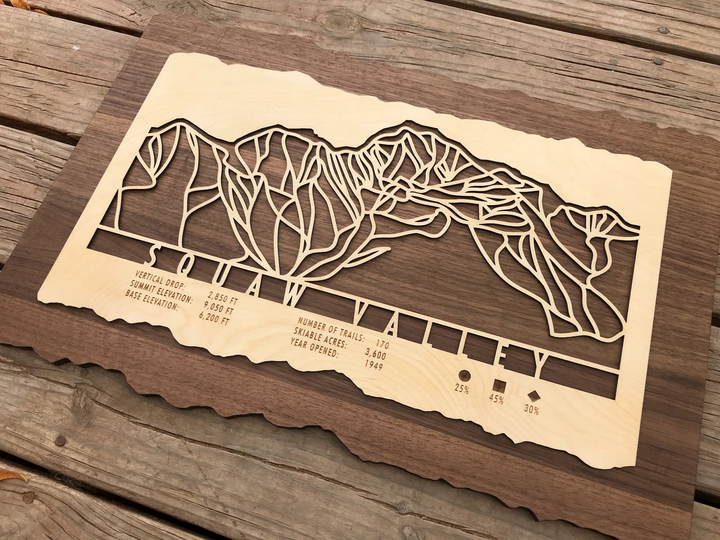 Detailed Squaw Valley ski trail map in wood with engraved stats, unique wall decor for mountain homes and ski enthusiasts.