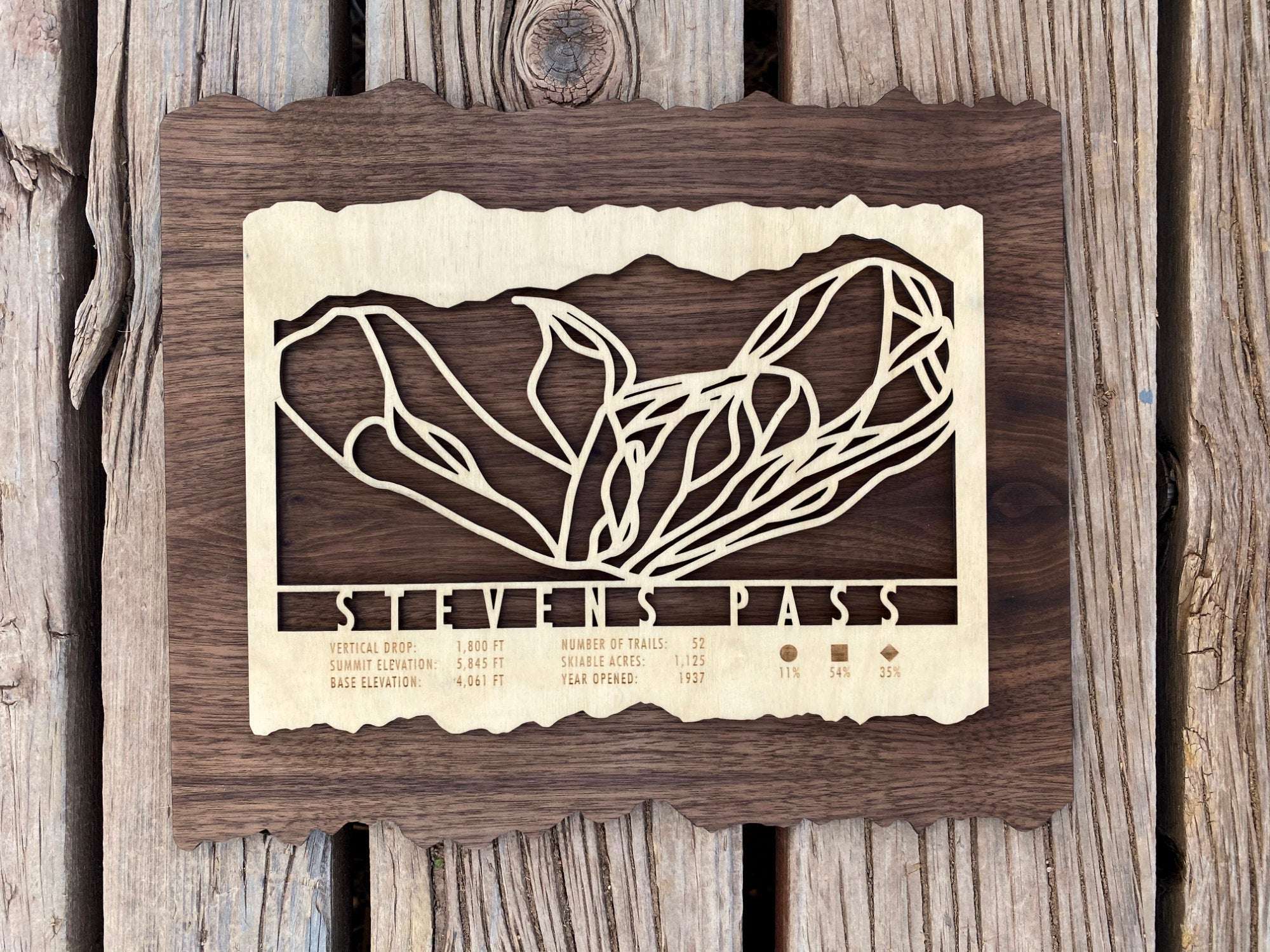 Top-down view of Stevens Pass Ski Trail Map wood artwork on rustic wood background, highlighting mountain trail design and engraved resort data.