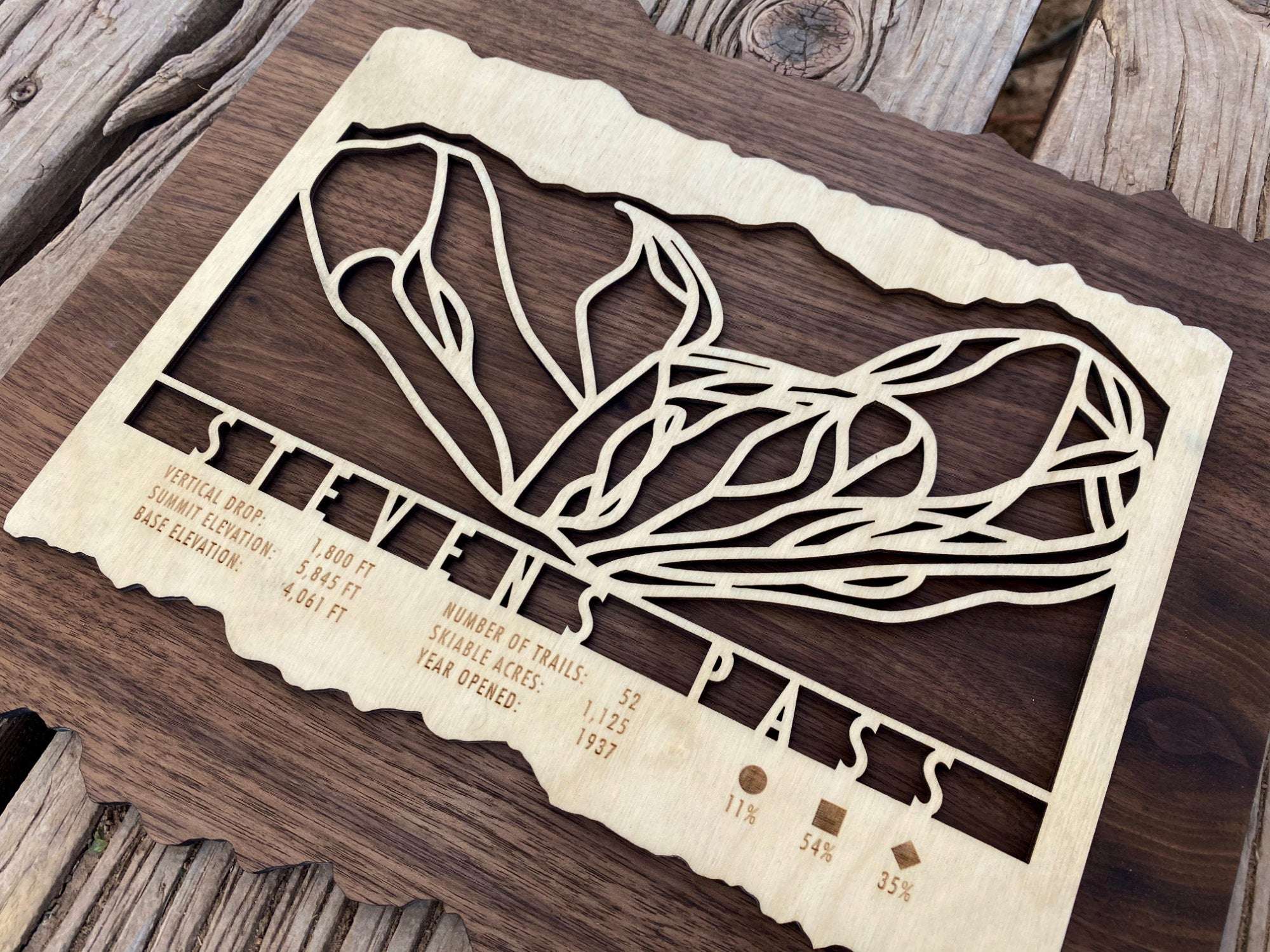 Close-up of Stevens Pass Ski Trail Map wood decor showing detailed laser-cut trails and engraved vertical drop, elevation, and trail count.