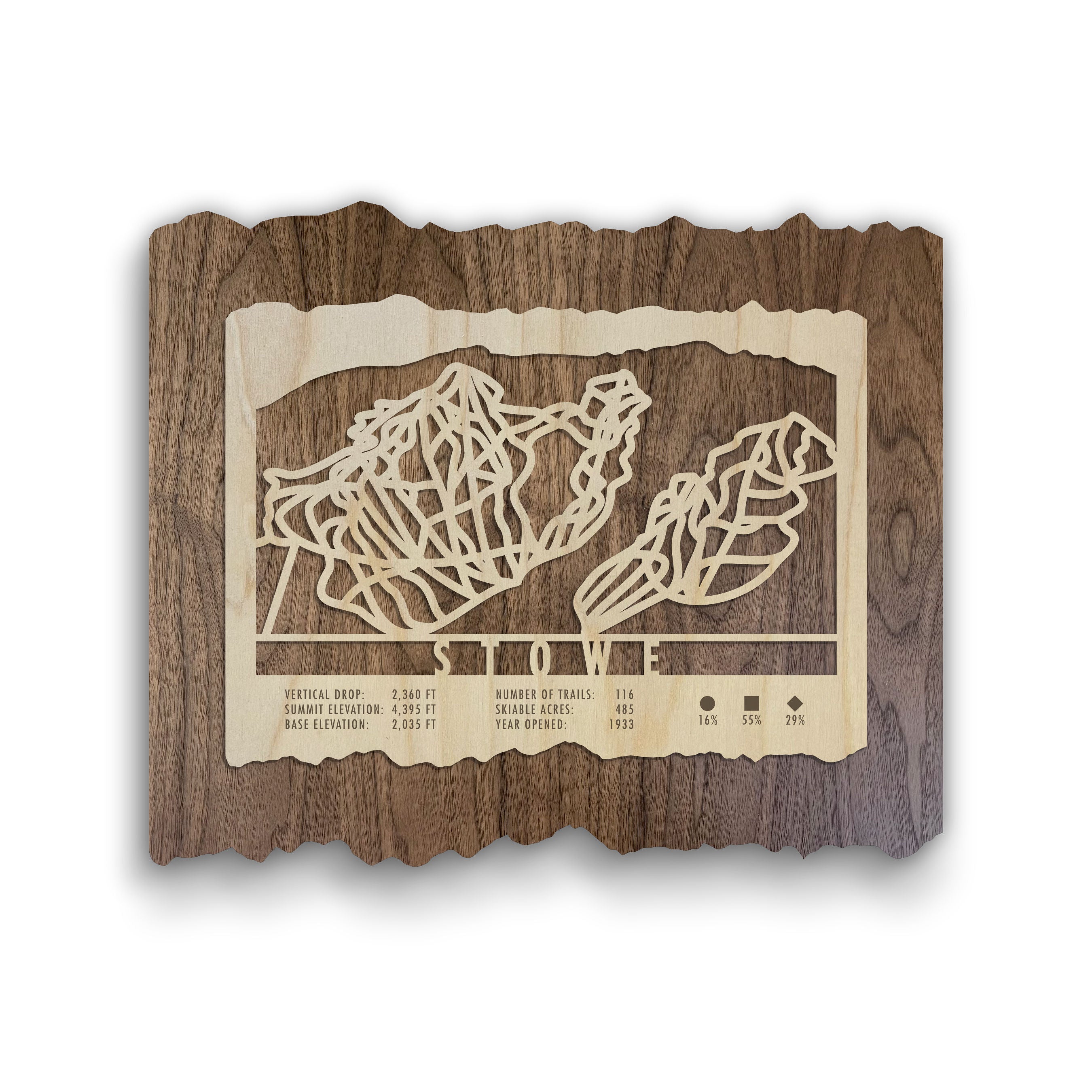 Stowe Ski Trail Map - Wood Wall Decor by Mountaincut featuring laser-cut ski trails on natural wood, ideal for rustic home or lodge decor.