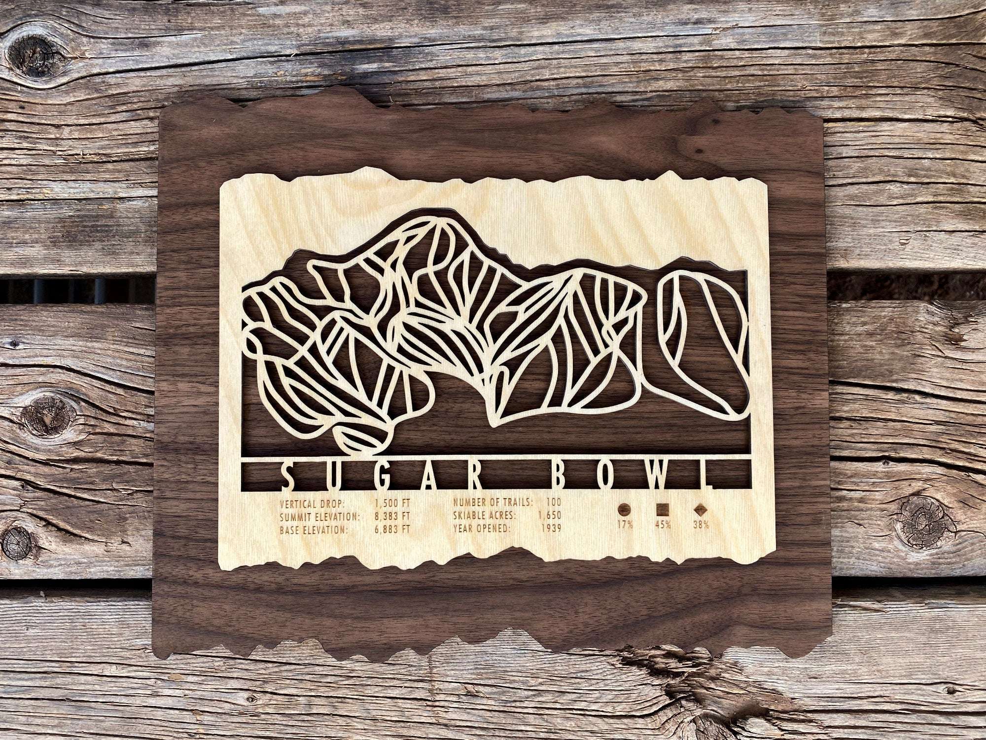 Sugar Bowl Ski Trail Map wood artwork displayed on rustic wood background, perfect wall decor for skiers and snowboarders.