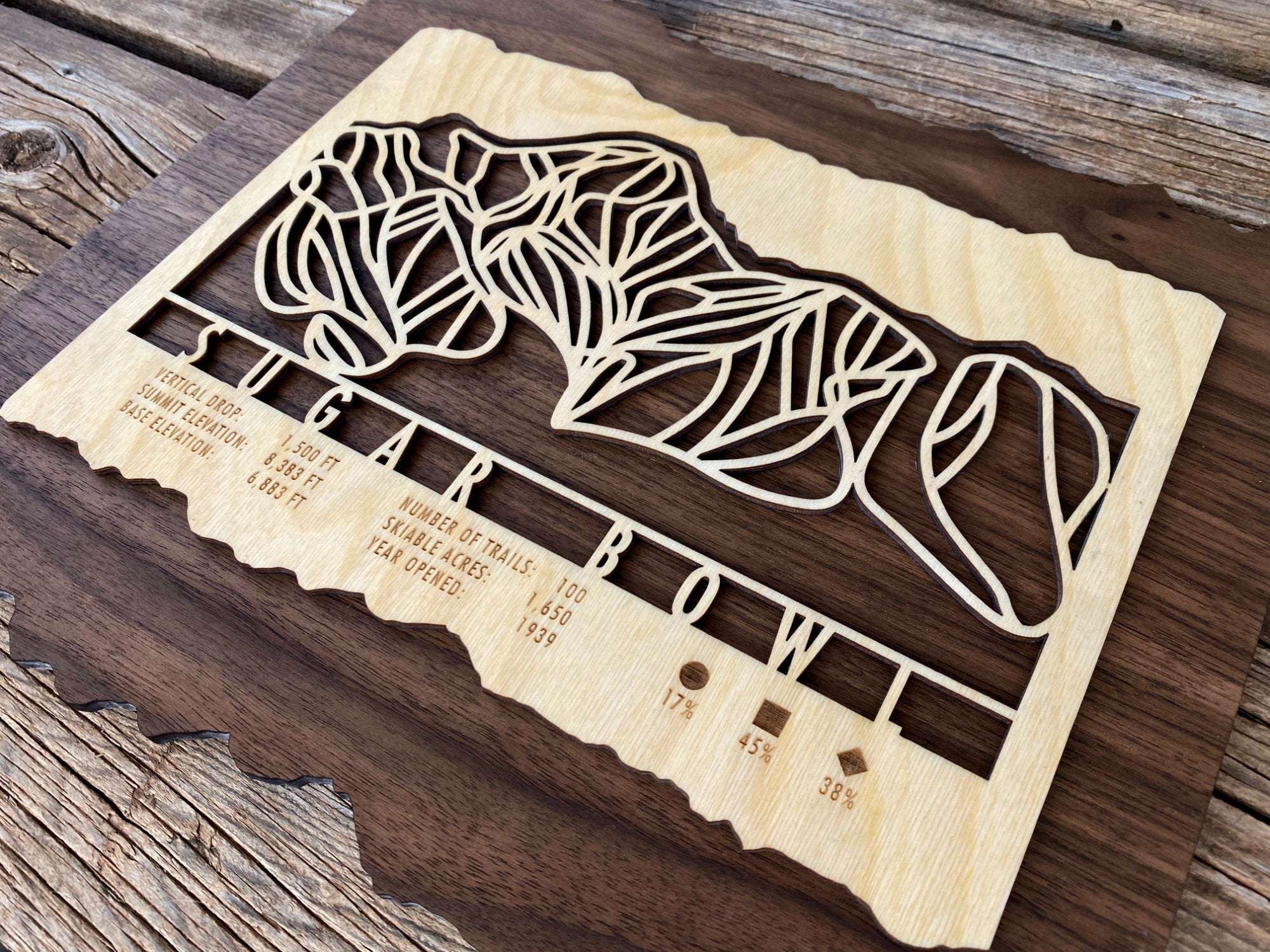 Detailed side view of Sugar Bowl Ski Trail Map wood wall decor with engraved ski resort stats and layered wood craftsmanship.