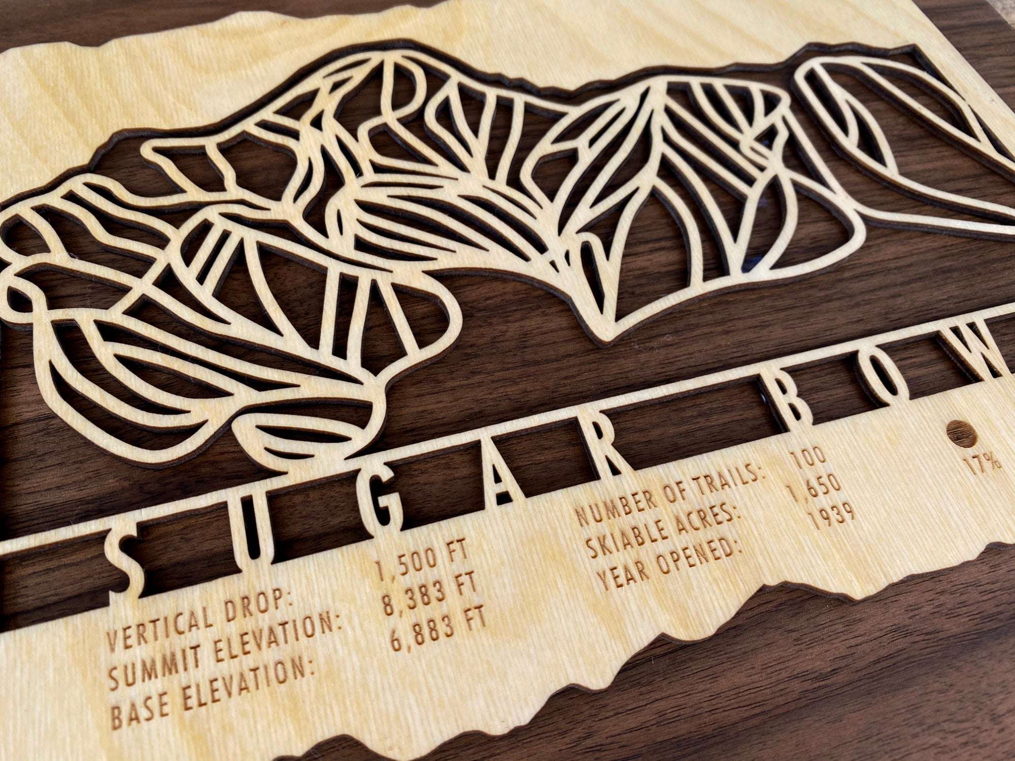 Close-up of Sugar Bowl Ski Trail Map wood art highlighting engraved elevation, trail count, and skiable acres in fine detail.