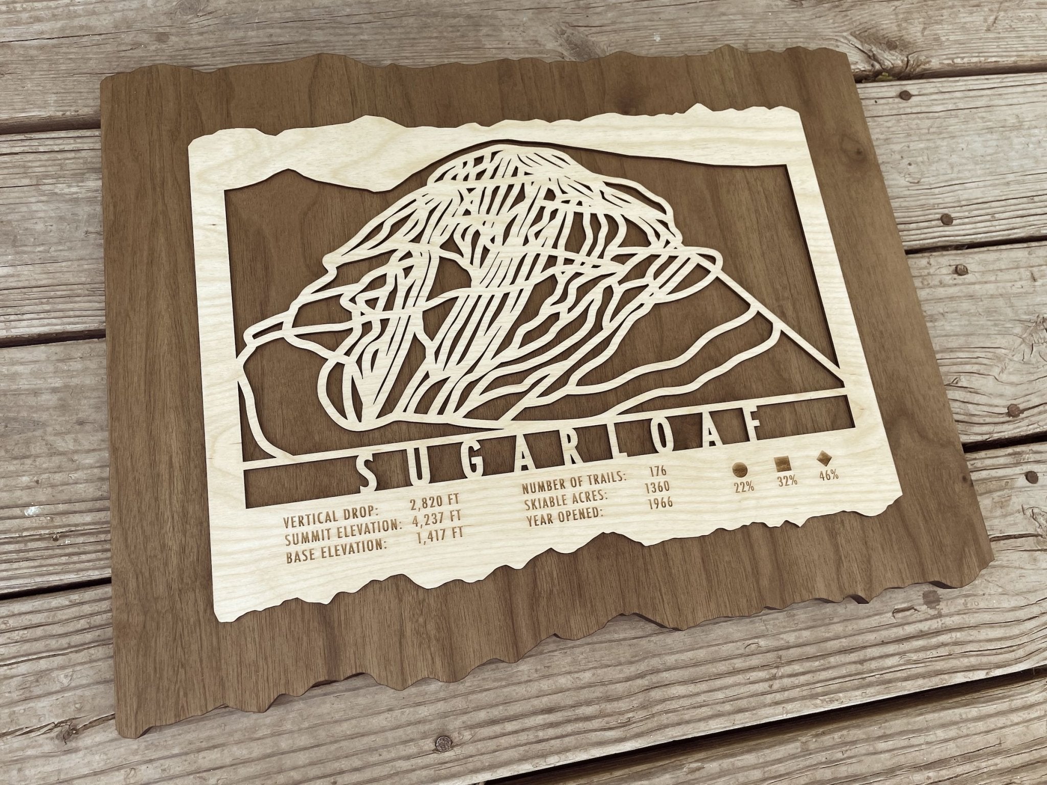 Rustic Sugarloaf Ski Trail Map in wood with engraved trail lines and resort stats, perfect for Maine ski home or lodge decor.