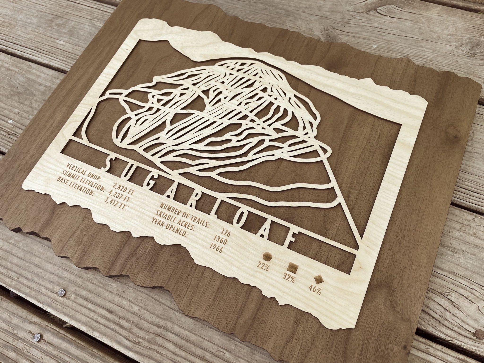 Wooden Sugarloaf Ski Trail Map with detailed trail layout and resort information, handcrafted ski decor for home or office.