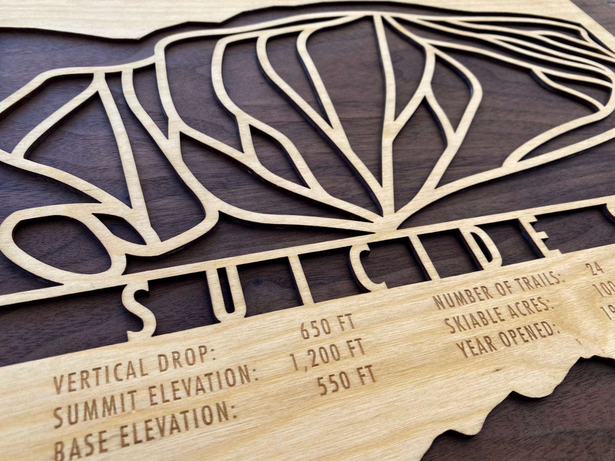 Close-up of Suicide Six Wood Ski Trail Map showing engraved mountain stats of the historic Vermont ski area.