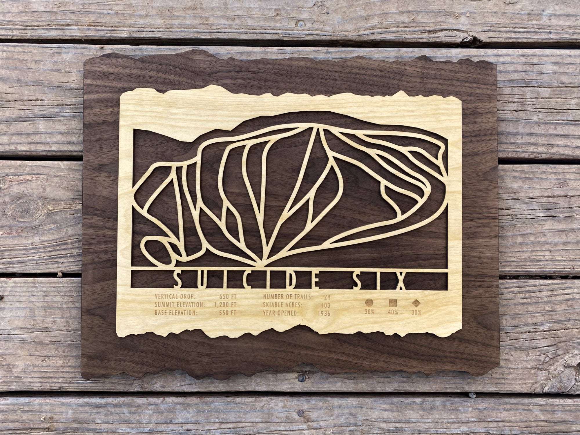 Rustic wall art of Suicide Six Ski Trail Map crafted from layered wood, highlighting Vermont ski resort details and trail layout by Mountaincut.