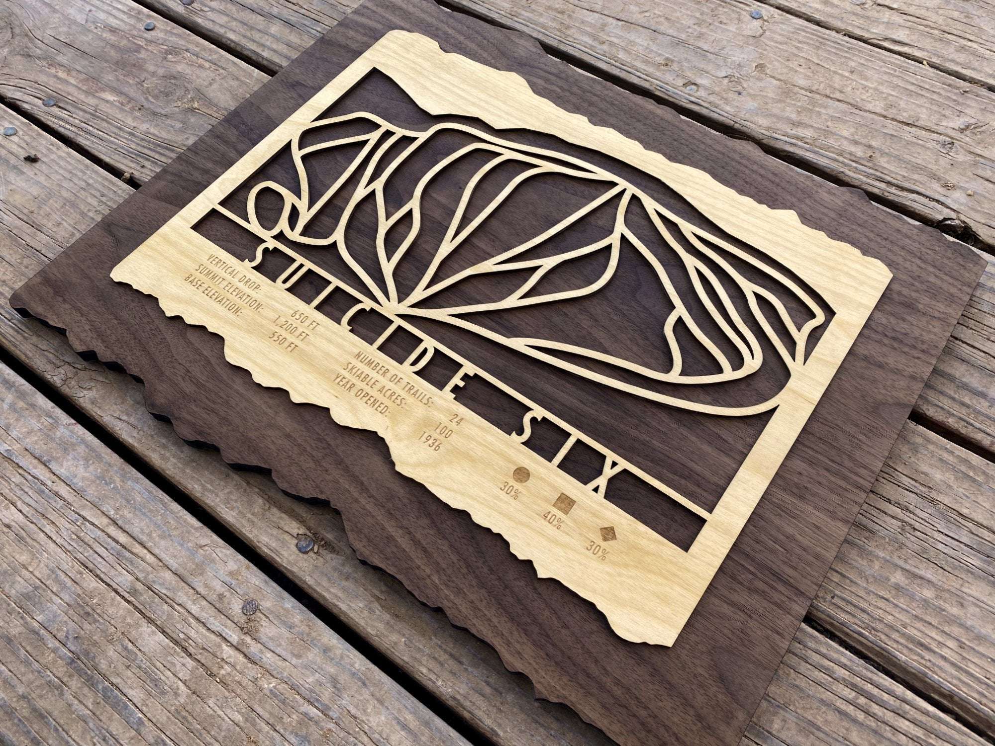 Mountaincut Suicide Six Wood Ski Trail Map with precision-cut trail design and engraved stats, perfect for Vermont ski lodge or office decoration.
