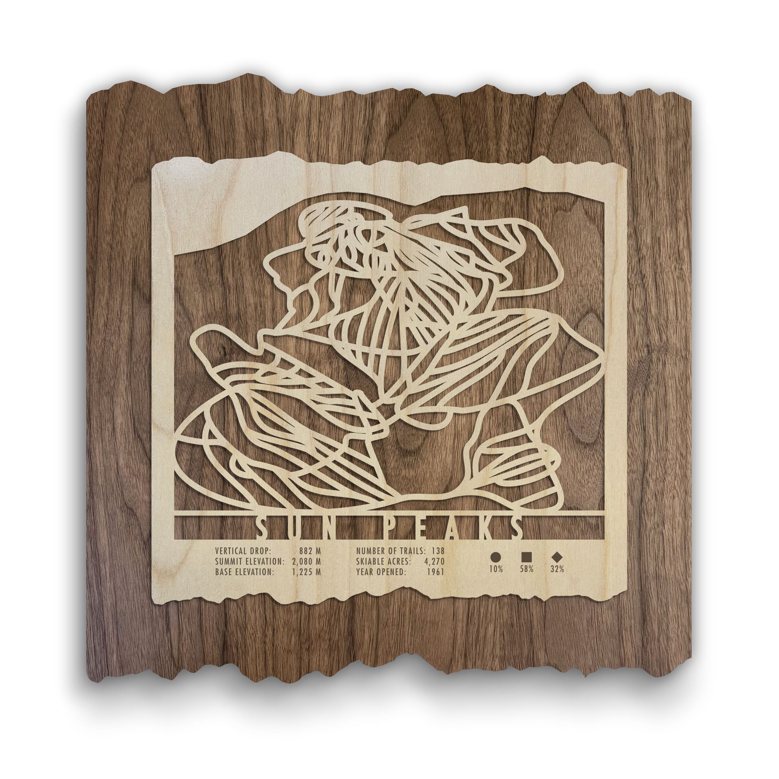 Sun Peaks Ski Trail Map - Wood Wall Decor by Mountaincut featuring intricate laser-cut ski runs on natural wood, ideal for ski-themed home decor.