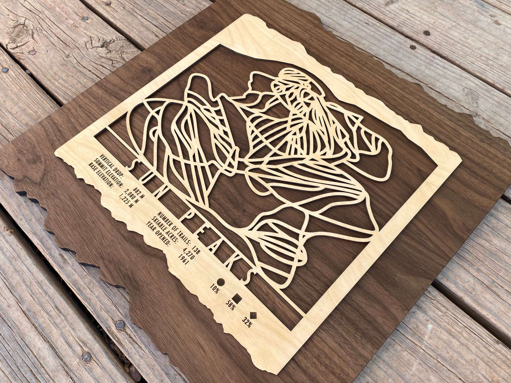 Angled view of Sun Peaks Ski Trail Map - Wood Wall Decor showing detailed ski trail cutouts and engraved resort stats, great gift for skiers.