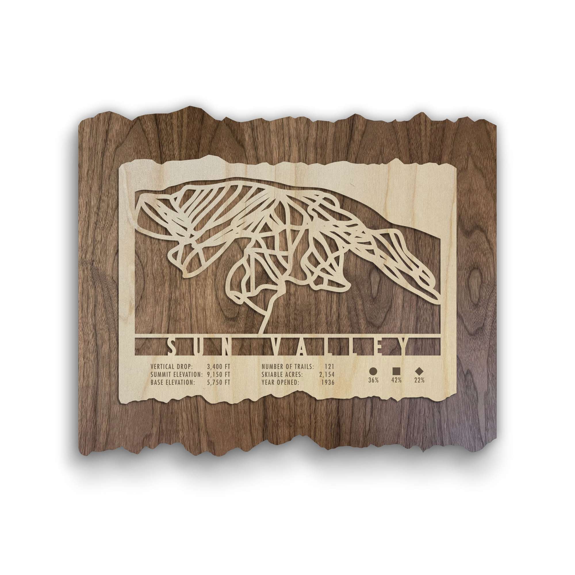 Sun Valley Ski Trail Map by Mountaincut wood artwork featuring intricate ski trail design and resort stats, ideal for ski lodge decor.