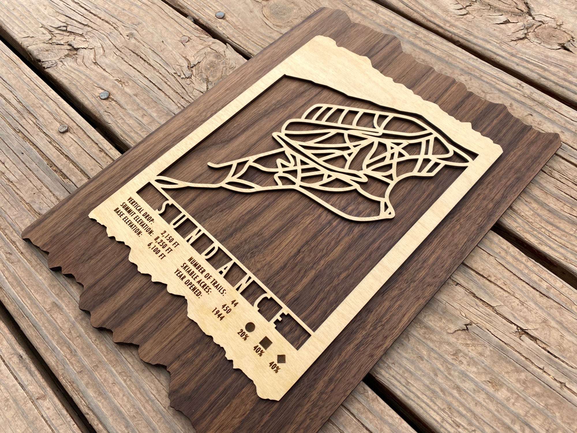 Angled view of Sundance Ski Trail Map - showing detailed laser-cut trail lines and engraved mountain stats of Sundance, Utah.
