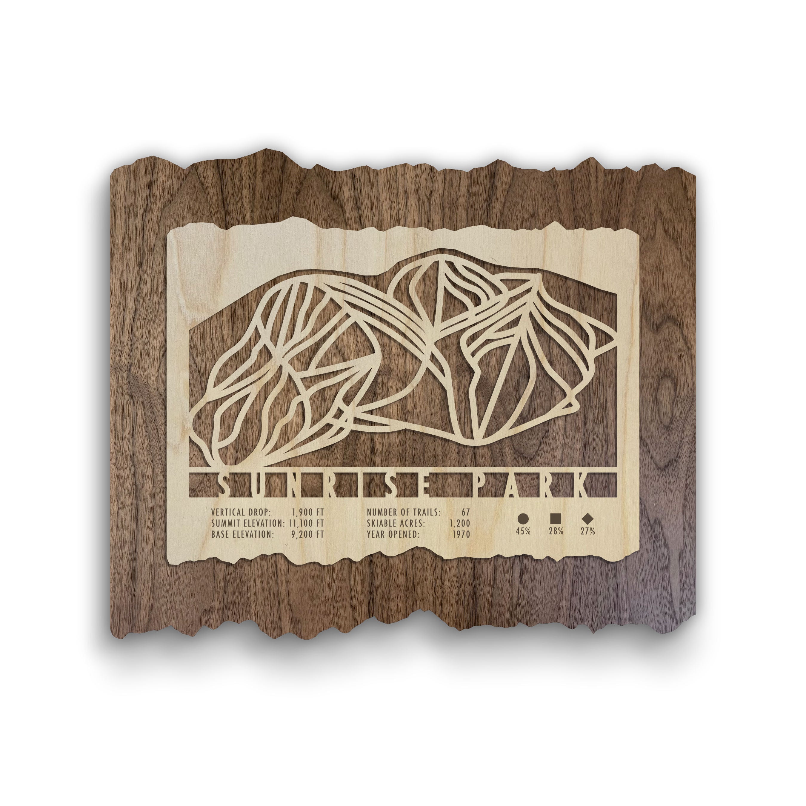 Sunrise Park Resort Ski Trail Map - Wood Wall Decor by Mountaincut featuring laser-cut trails and resort stats, ideal for ski lodge or office display.
