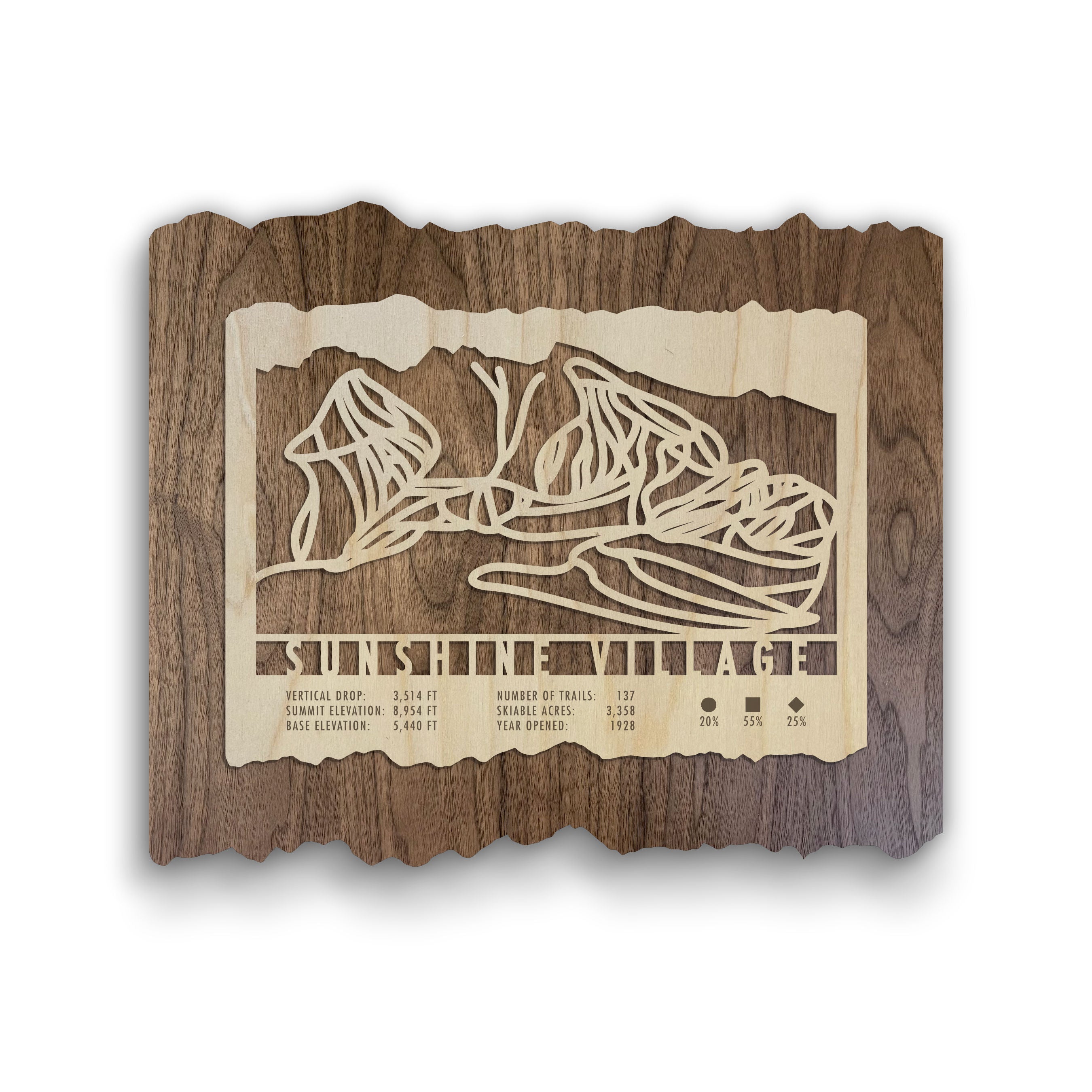 Sunshine Village Ski Trail Map - Wood Wall Art by Mountaincut featuring laser-cut mountain trails and resort stats on rustic wood for ski home decor.