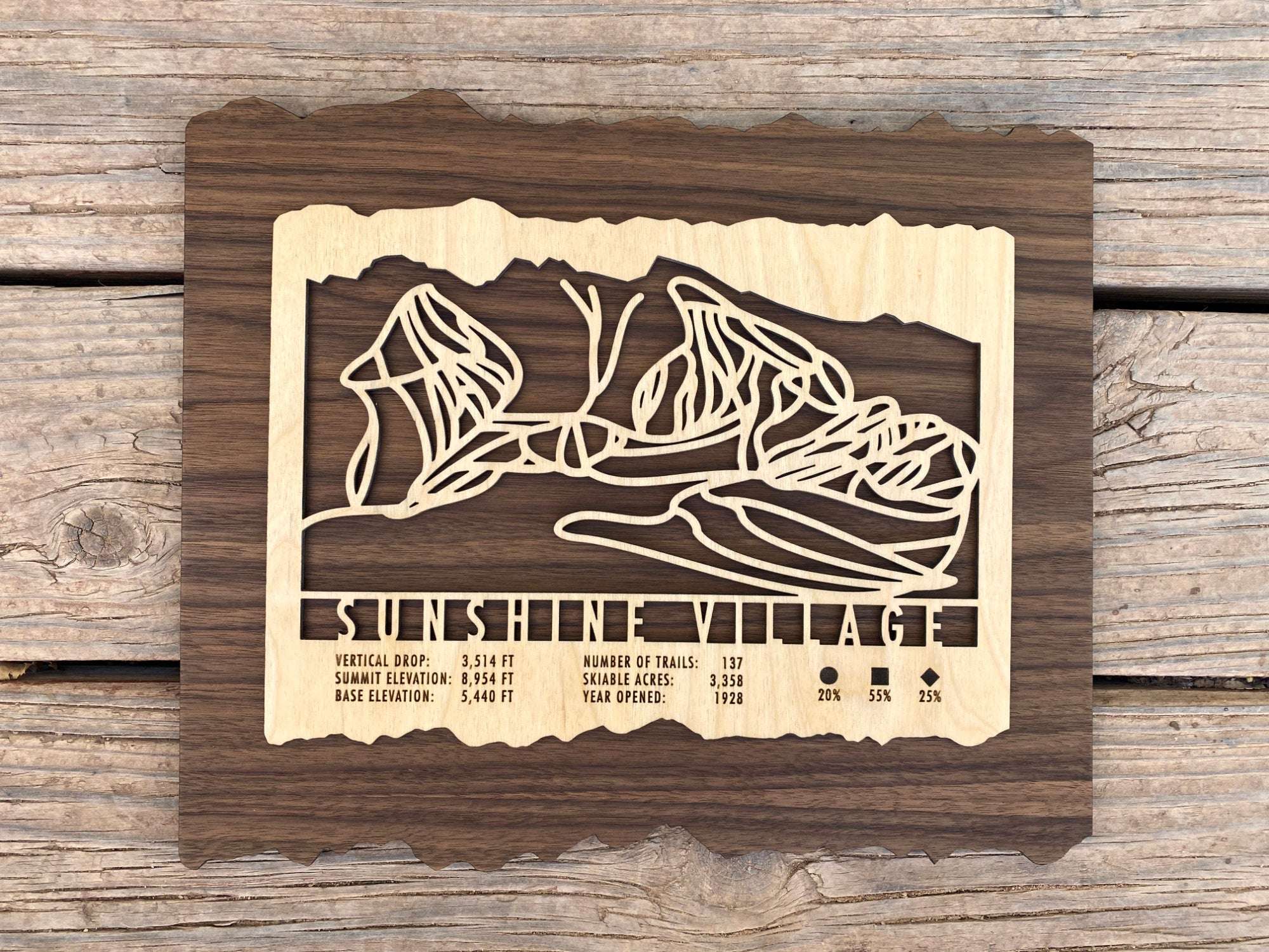 Top-down view of Sunshine Village Ski Trail Map - Wood Wall Art on rustic wood background, showcasing intricate trail layout and resort information.