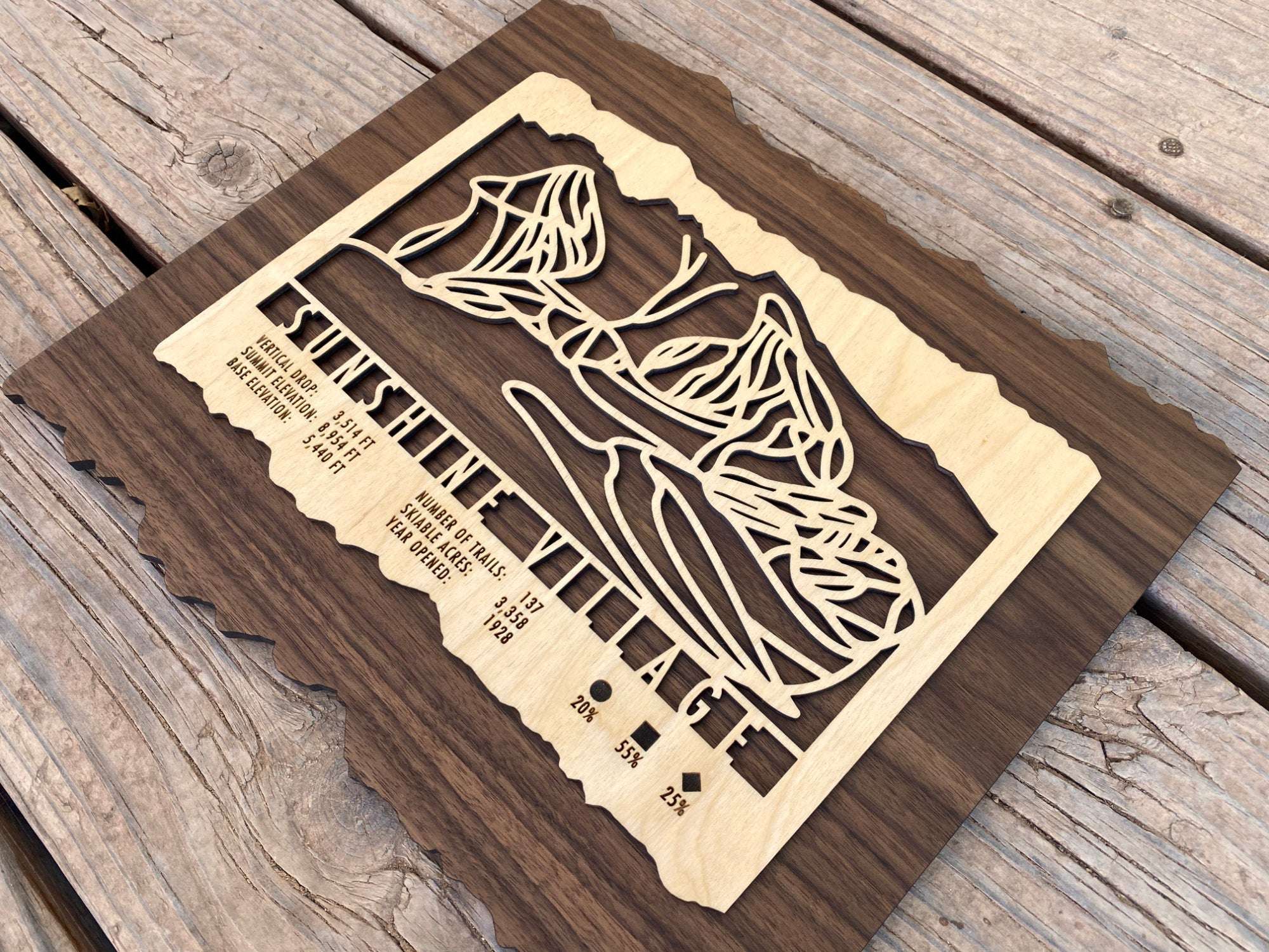 Detailed Sunshine Village Ski Trail Map - Wood Wall Art with layered wood cutout design and engraved ski resort stats, perfect for mountain lovers.