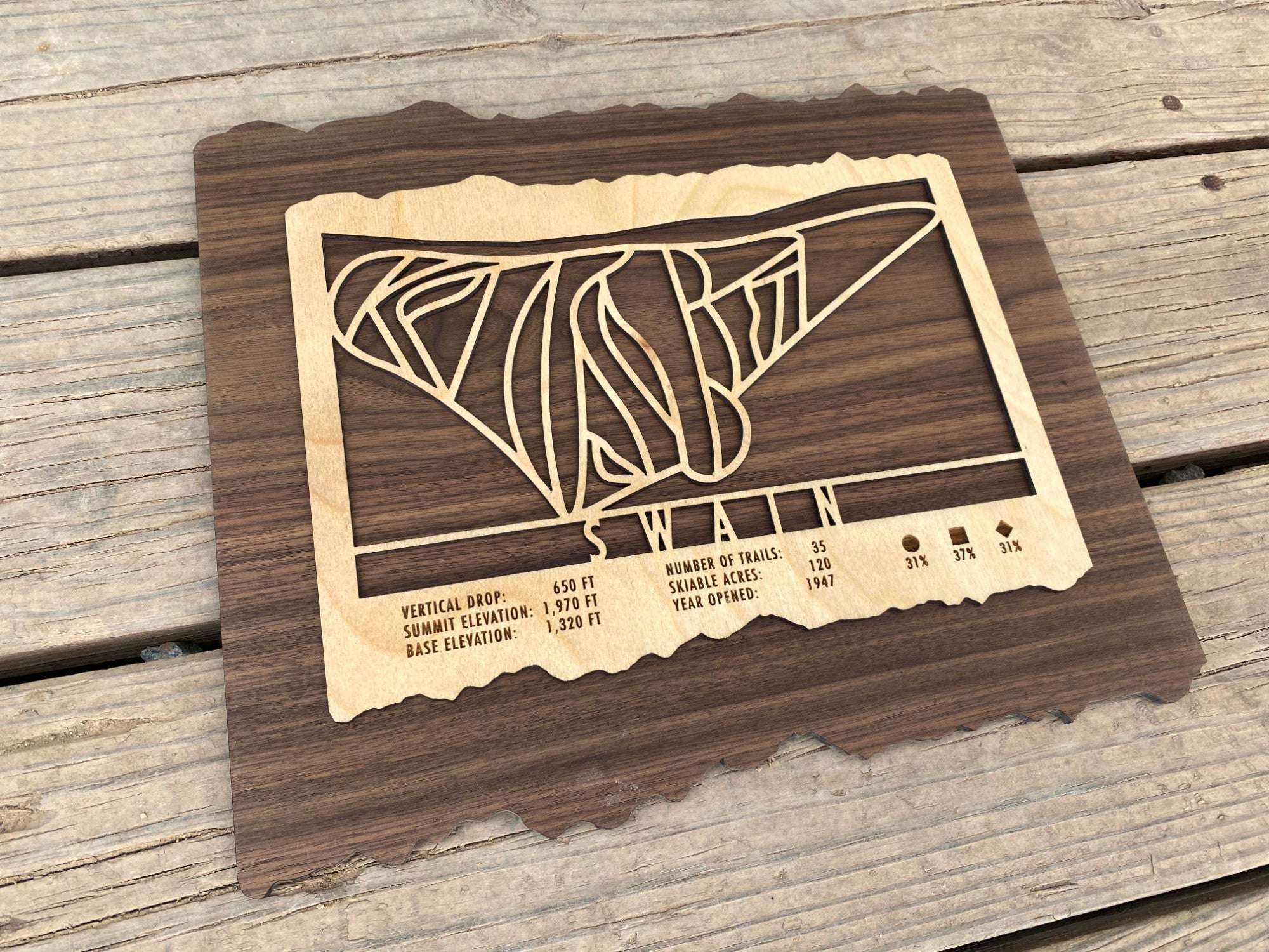 Swain Ski Resort Trail Map - Wall Decor - Mountaincut laser-cut wood art showing trail system and elevation data, great gift for New York skiers.