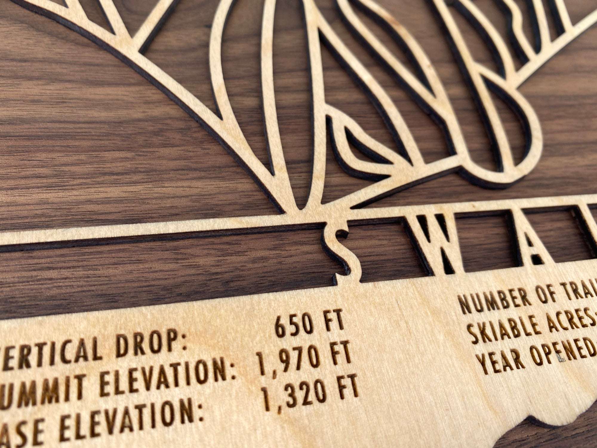 Swain Ski Resort Trail Map - Wall Decor - Mountaincut close-up of engraved trail names and resort info on wood, showcasing fine craftsmanship.