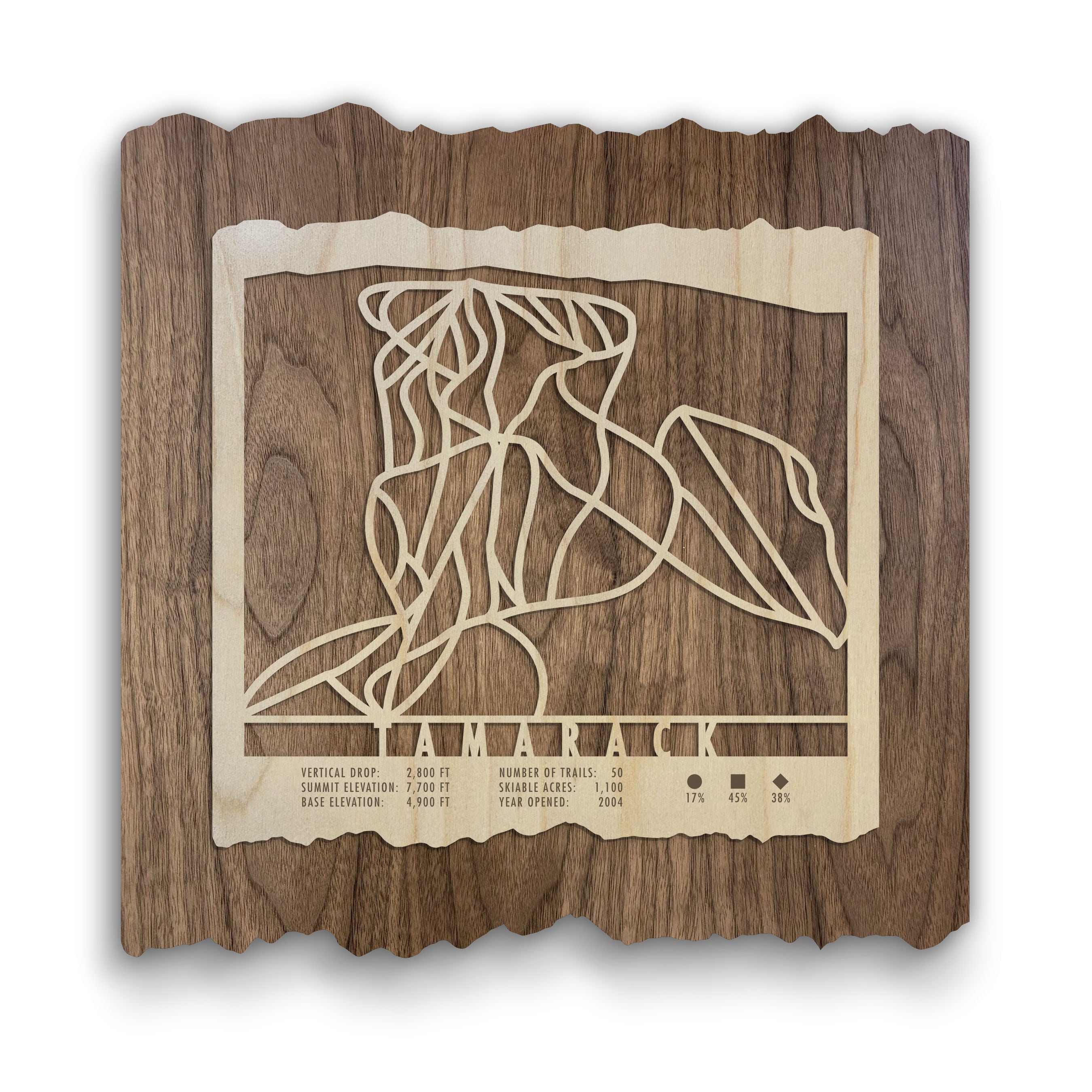 Tamarack Ski Trail Map - Wood Ski Decor - Mountaincut featuring laser-cut ski runs on dark wood, ideal wall art for ski homes or lodges.