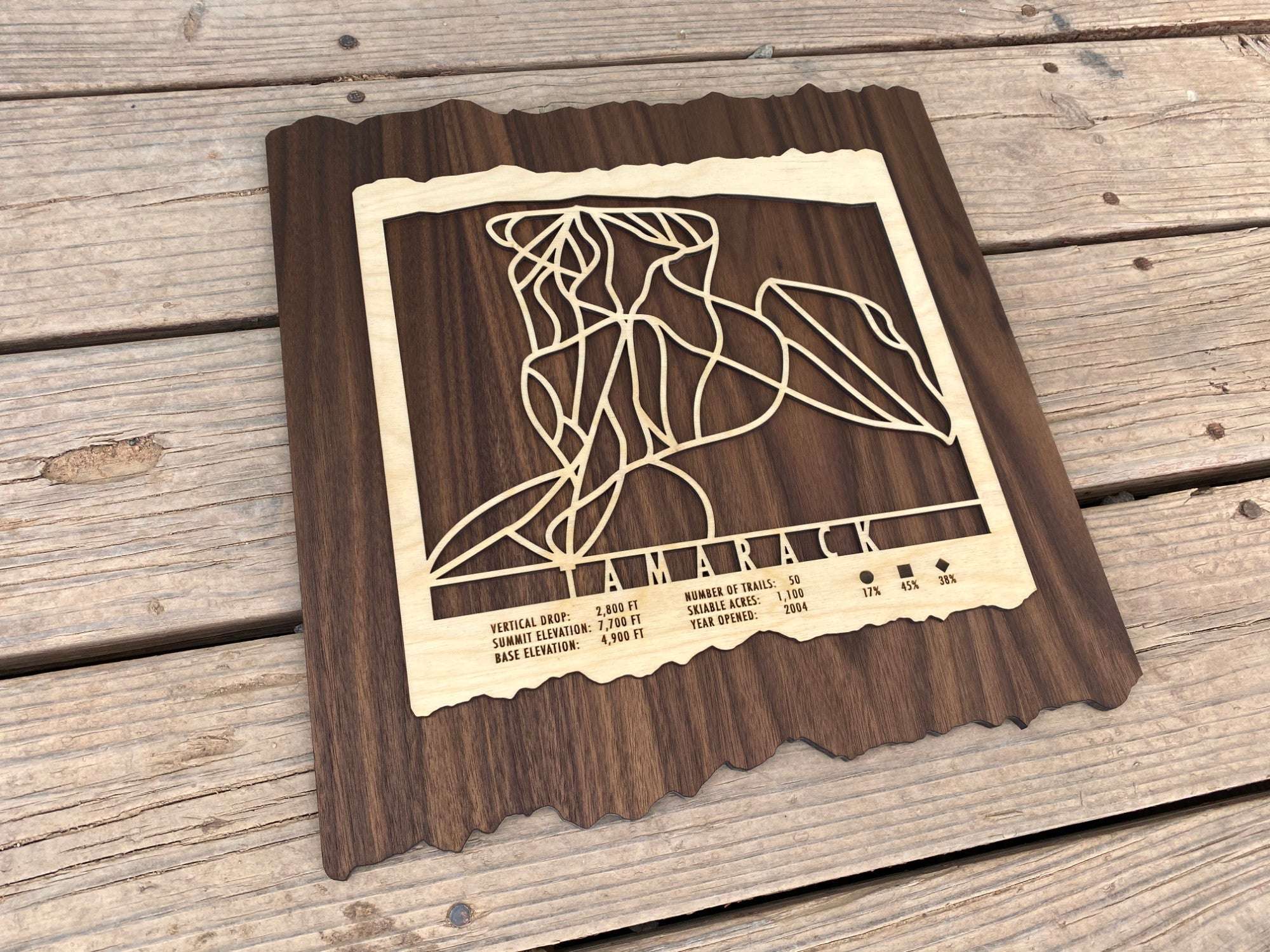Tamarack Ski Trail Map - Wood Ski Decor - displayed on rustic wood, handcrafted wall art for skiers and snowboarders.
