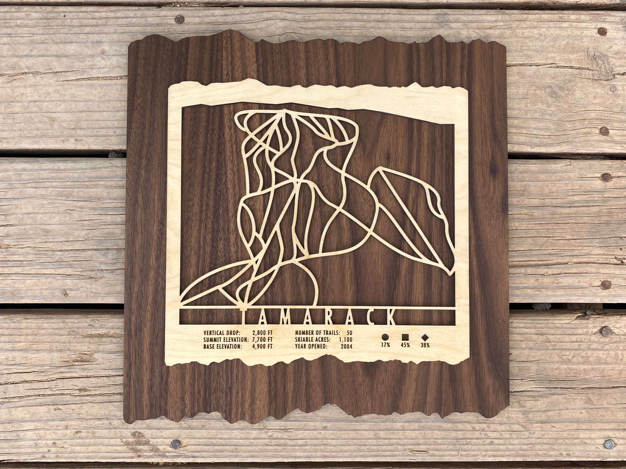 Tamarack Ski Trail Map - Wood Ski Decor - Mountaincut flat lay on wood surface, premium ski-themed wall art for your Idaho mountain home.