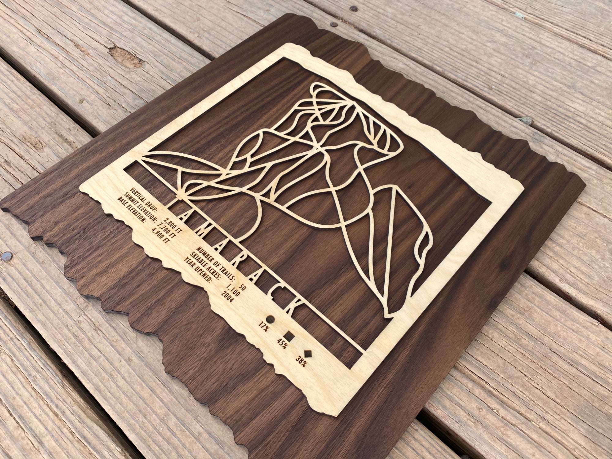 Tamarack Ski Trail Map - Wood Ski Decor - Mountaincut angled view showing detailed ski trail engraving, perfect gift for Idaho ski lovers.