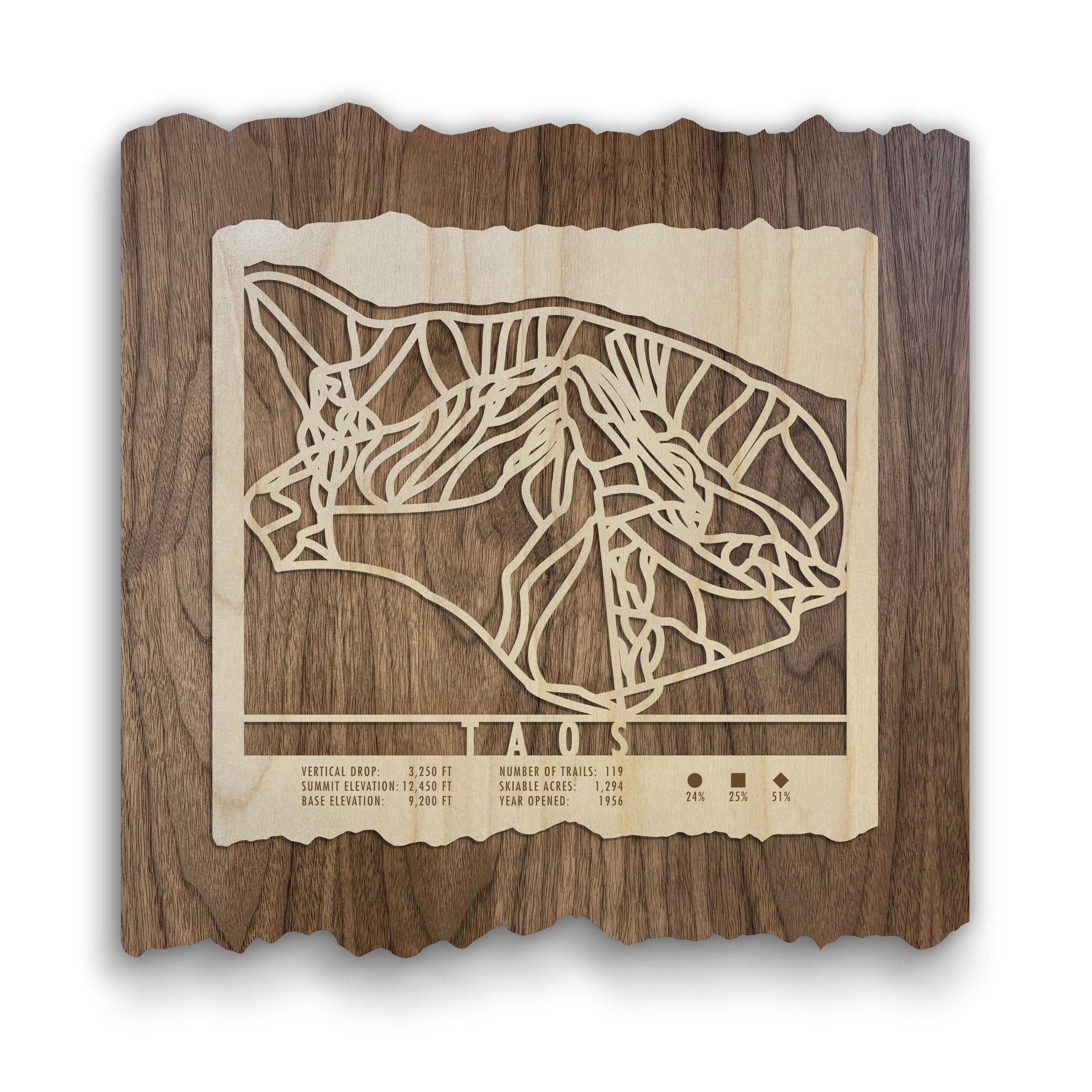 Taos Ski Trail Map - Wood Ski Decor by Mountaincut featuring laser-cut ski runs on dark wood, ideal for ski home wall art or gifts for skiers.