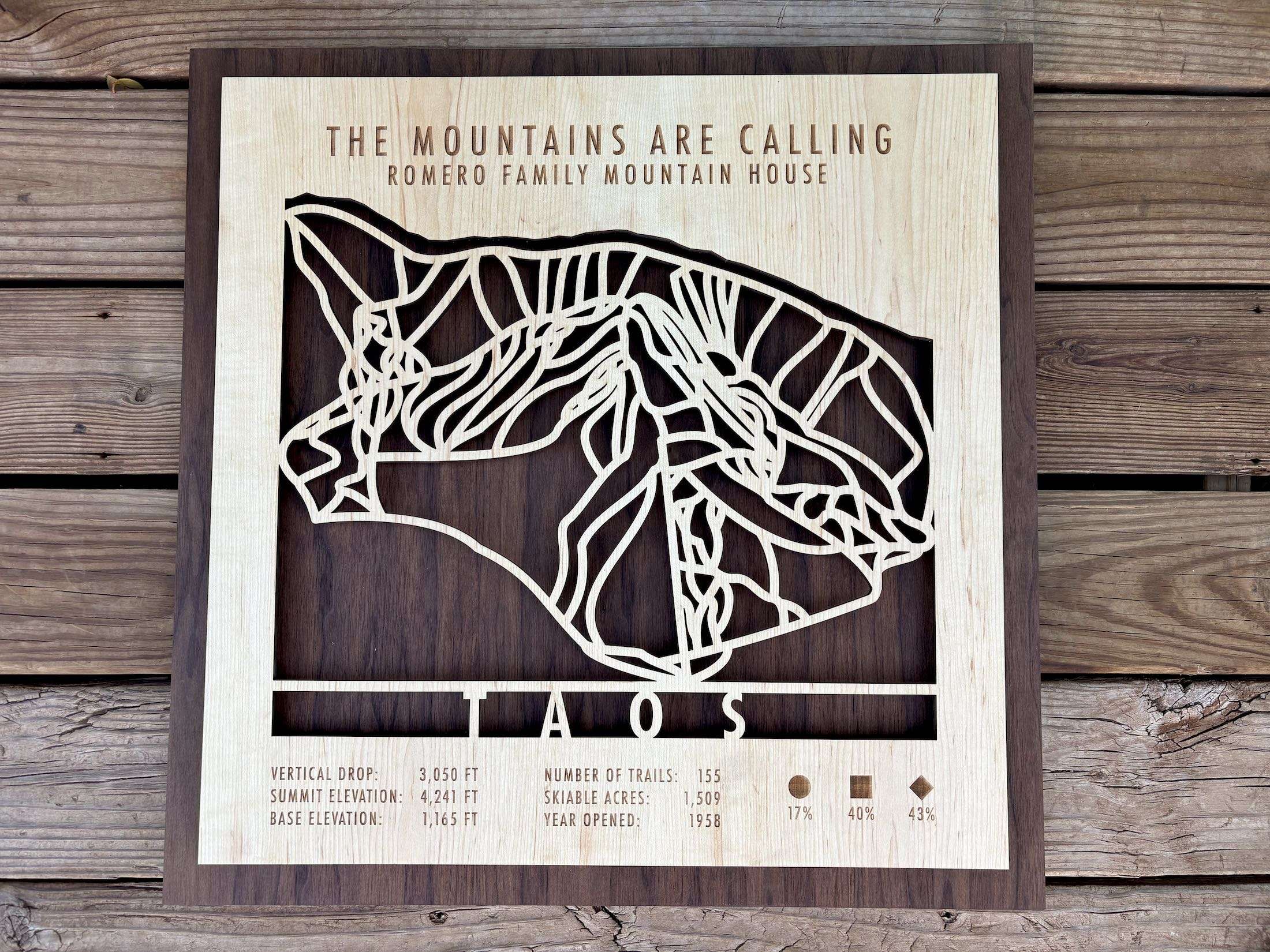 Taos Ski Trail Map - Personalized Wood Ski Decor - Mountaincut featuring engraved trail lines and custom family name, ideal for ski home wall art.