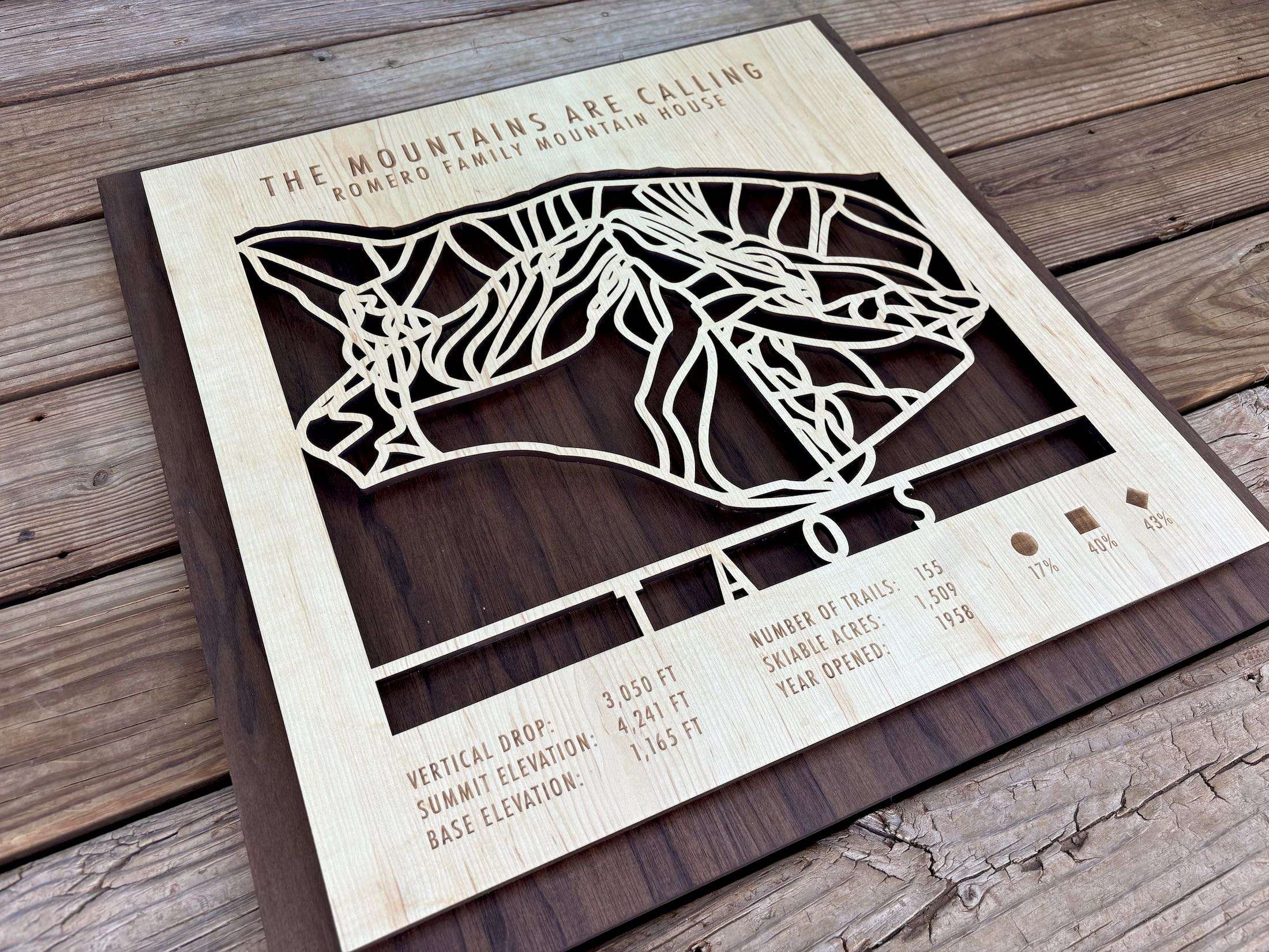 Angled view of Taos Ski Trail Map - Personalized Wood Ski Decor - Mountaincut showing layered wood design and engraved ski resort stats.