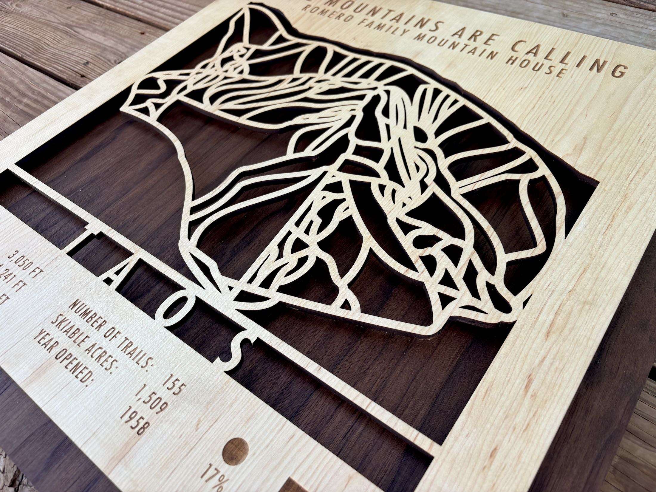 Detailed side view of Taos Ski Trail Map - Personalized Wood Ski Decor - Mountaincut with intricate trail cutouts and custom text.