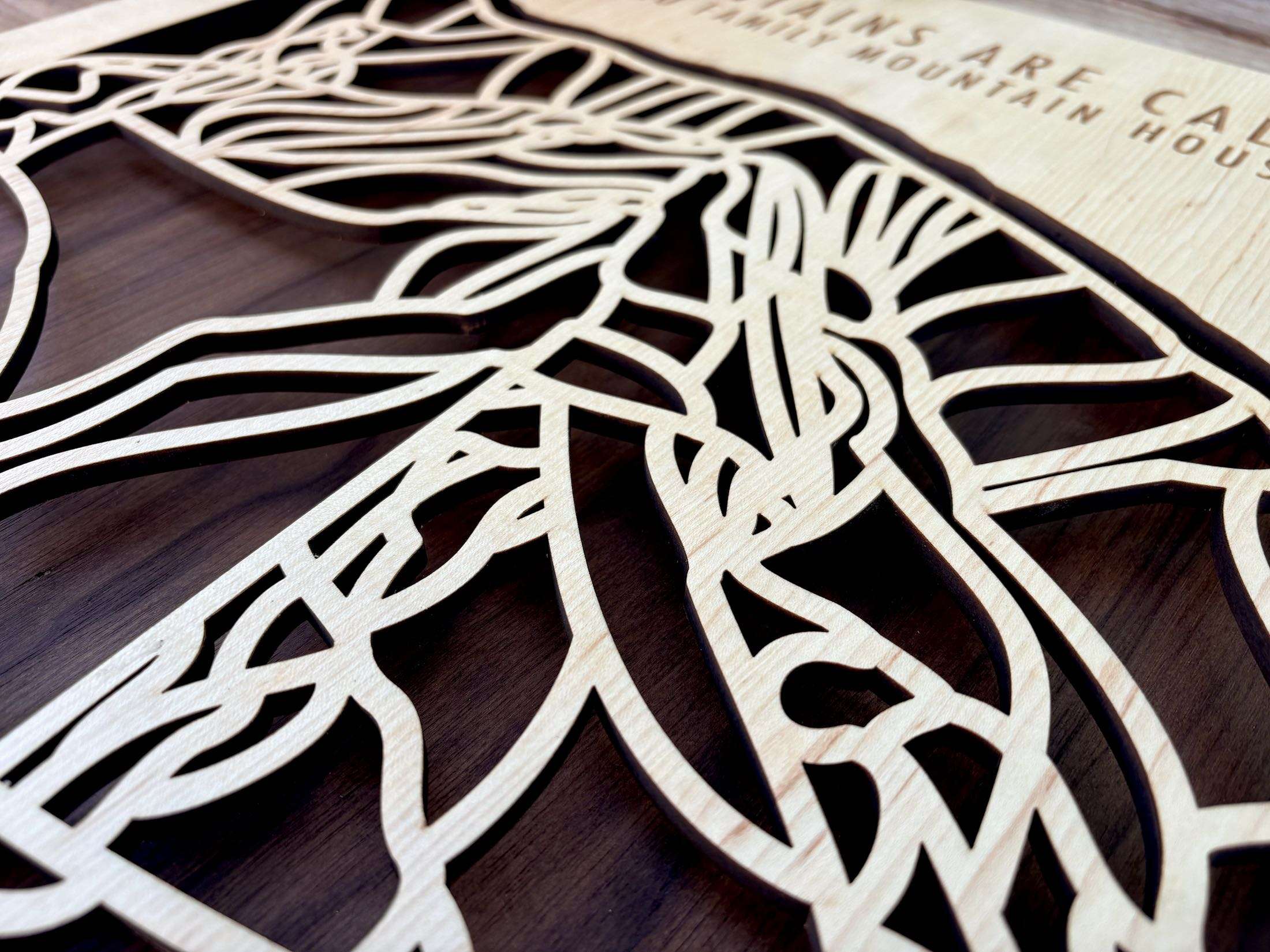 Zoomed-in detail of Taos Ski Trail Map - Personalized Wood Ski Decor - Mountaincut showing precision laser-cut ski trails on wood.