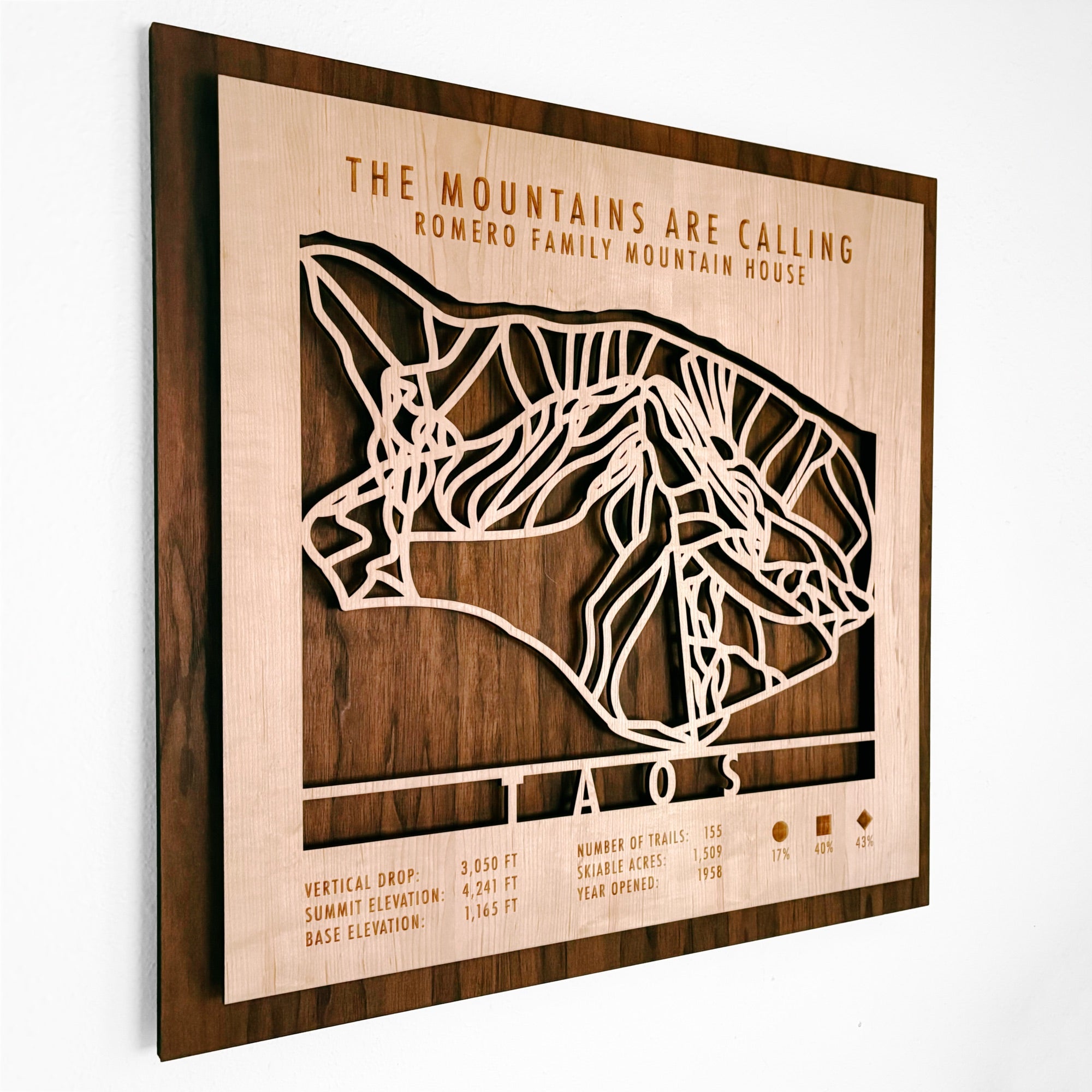 Taos Ski Trail Map - Shadowbox Style with Personalization
