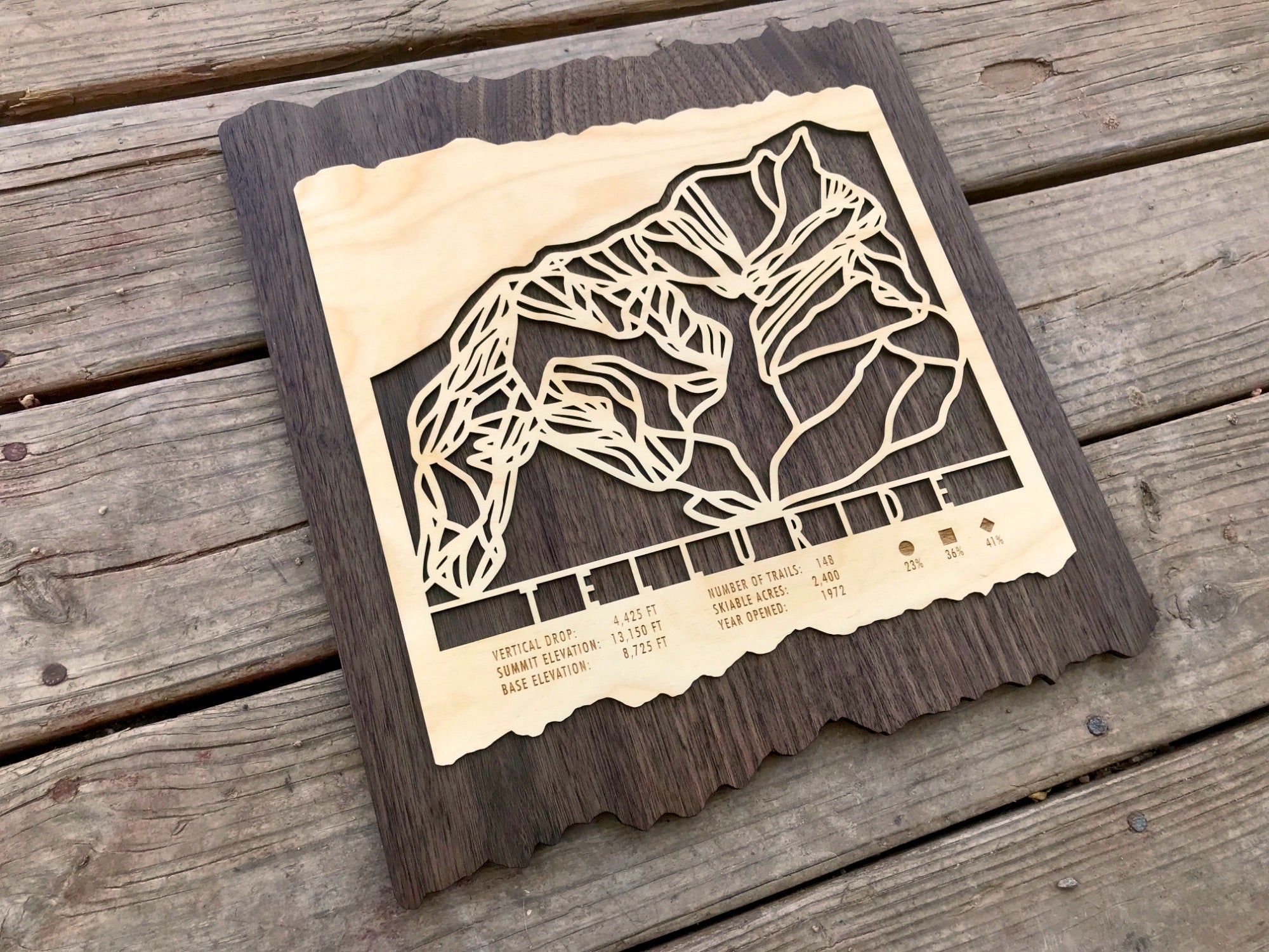 Side angle of Telluride Ski Trail Map - Wood Ski Decor - Mountaincut showing layered wood design and engraved ski resort information.