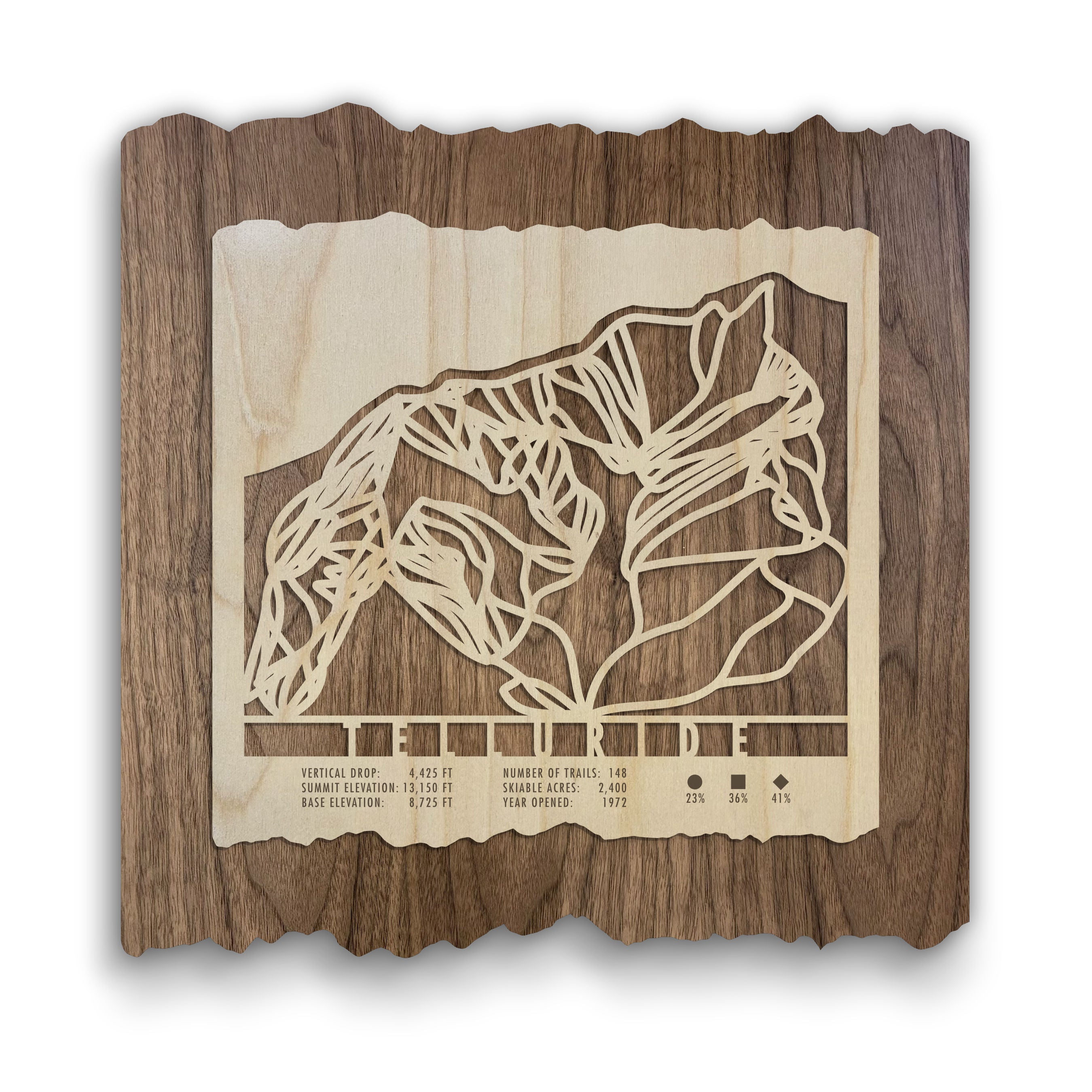 Telluride Ski Trail Map - Wood Ski Decor - Mountaincut featuring laser-cut ski runs on natural wood with trail stats. Unique wall art for ski lovers.
