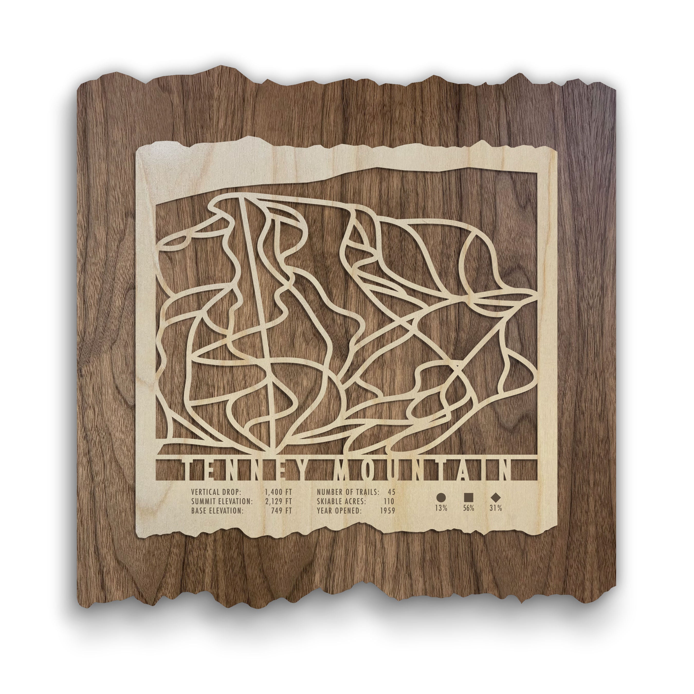 Tenney Mountain Ski Trail Map - Wood Ski Decor by Mountaincut featuring laser-cut ski trails on a dark wood background, perfect for ski homes.