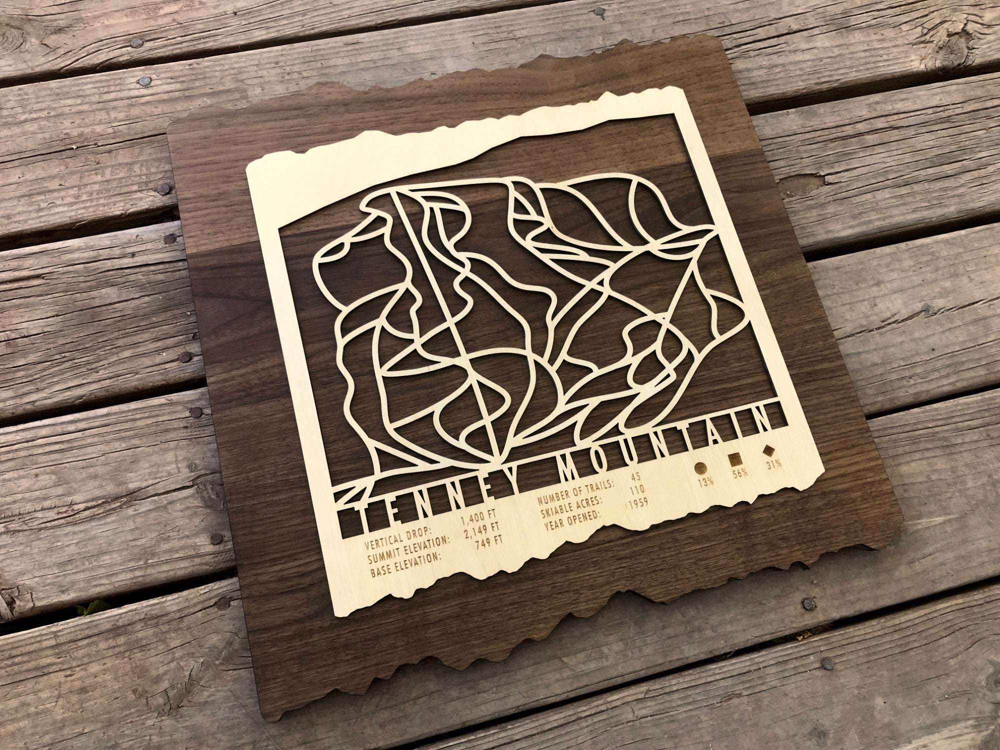 Angled view of Tenney Mountain Ski Trail Map - Wood Ski Decor showing detailed trail lines and rustic wood texture, ideal for ski lodge wall art.